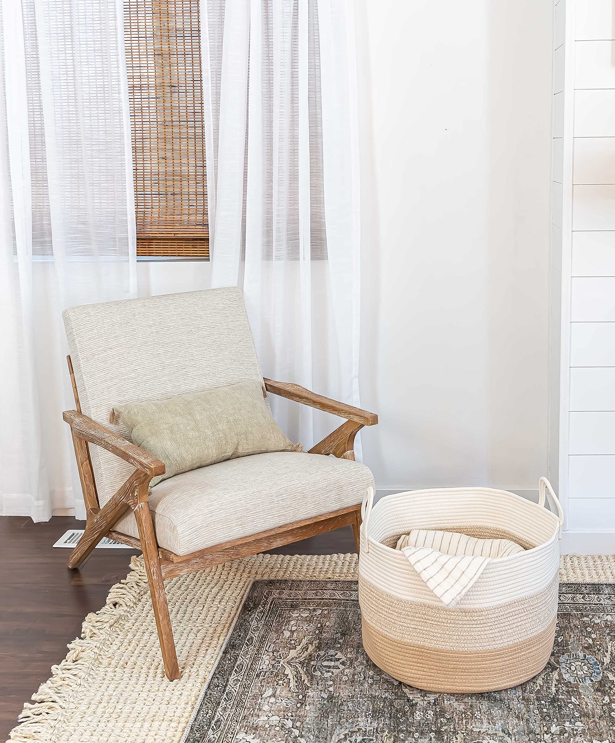 Organihaus Woven Baskets For Storage 20X13, Modern Boho Laundry Basket, Cotton Rope Blanket Basket For Living Room, Extra Large