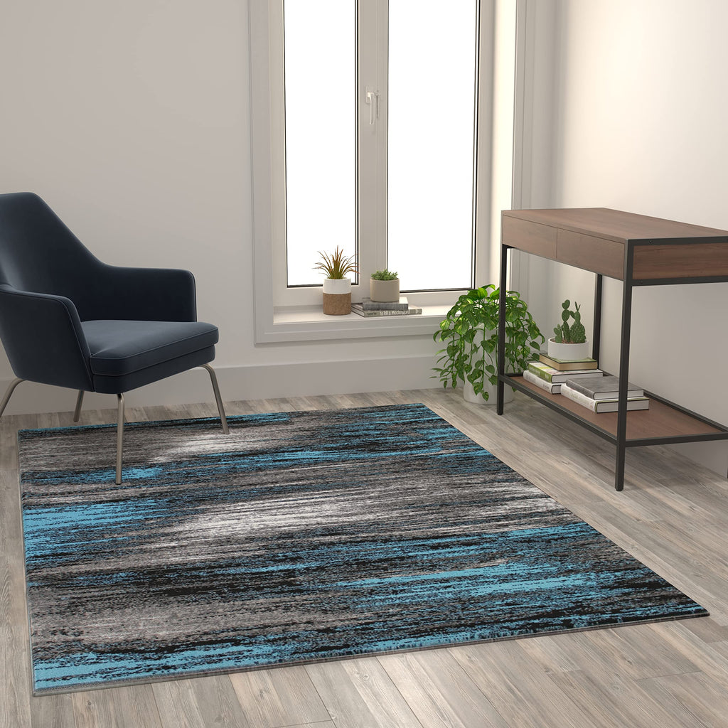 Flash Furniture Rylan Collection Abstract Area Rug - Scraped Design Blue Olefin Rug - 5' X 7' Area Rug - Jute Backing - Living Room, Bedroom, & Family Room