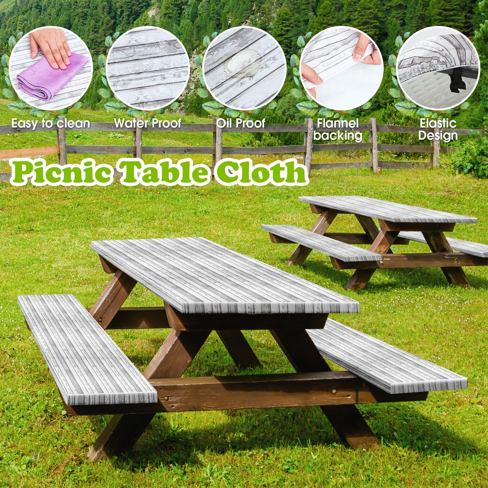 Boao 3 Pcs Vinyl Picnic Table And Bench Fitted Tablecloth Cover Set 6 Ft 30 X 72 Inch Flannel Backing Rectangular Elastic Edged Picnic Table Cover For Summer Outdoor Patio Travel (Birch)
