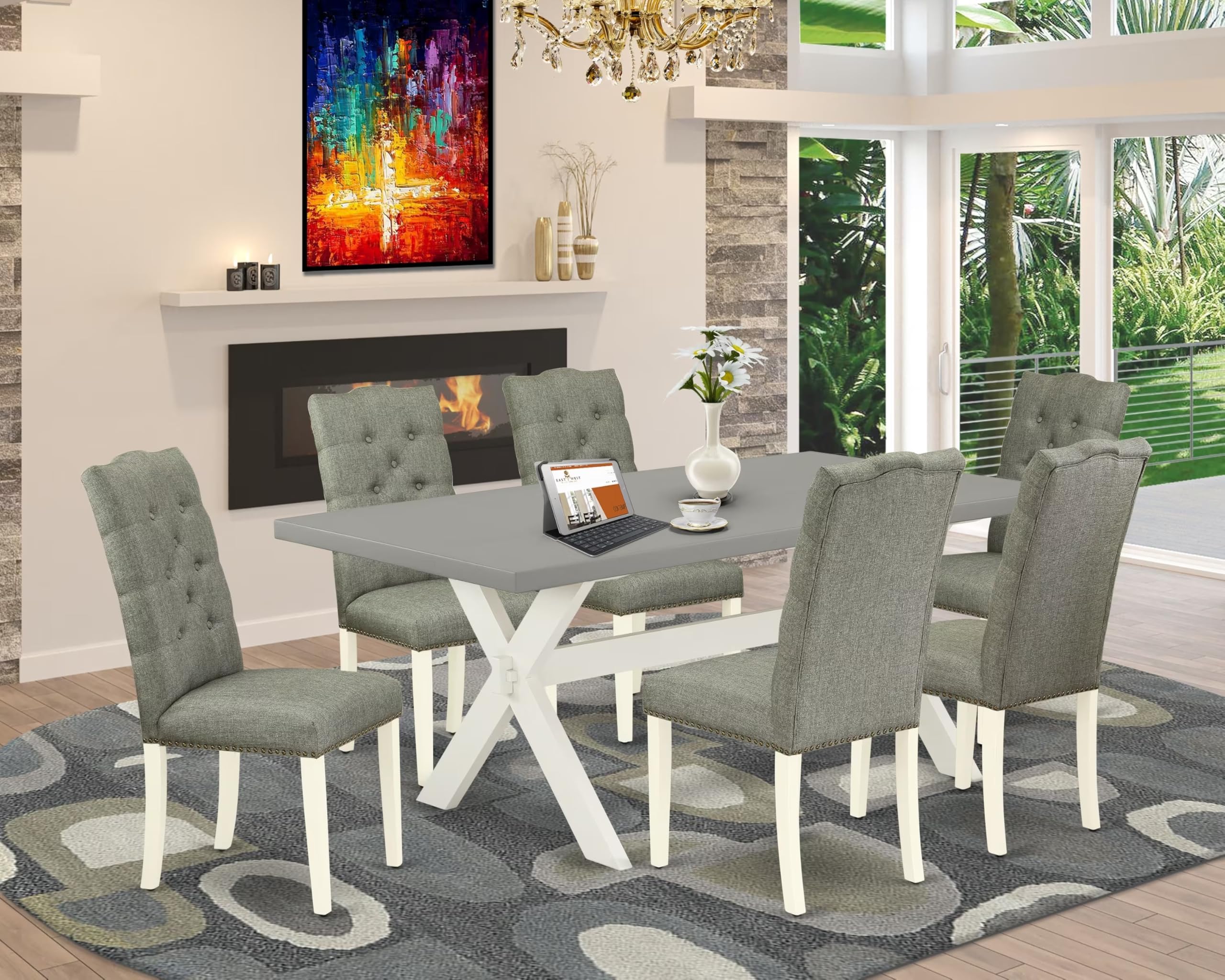 East West Furniture X097El207-7 7 Piece Dining Room Table Set Consist Of A Rectangle Kitchen Table With X-Legs And 6 Gray Linen Fabric Parson Dining Chairs, 40X72 Inch, Multi-Color