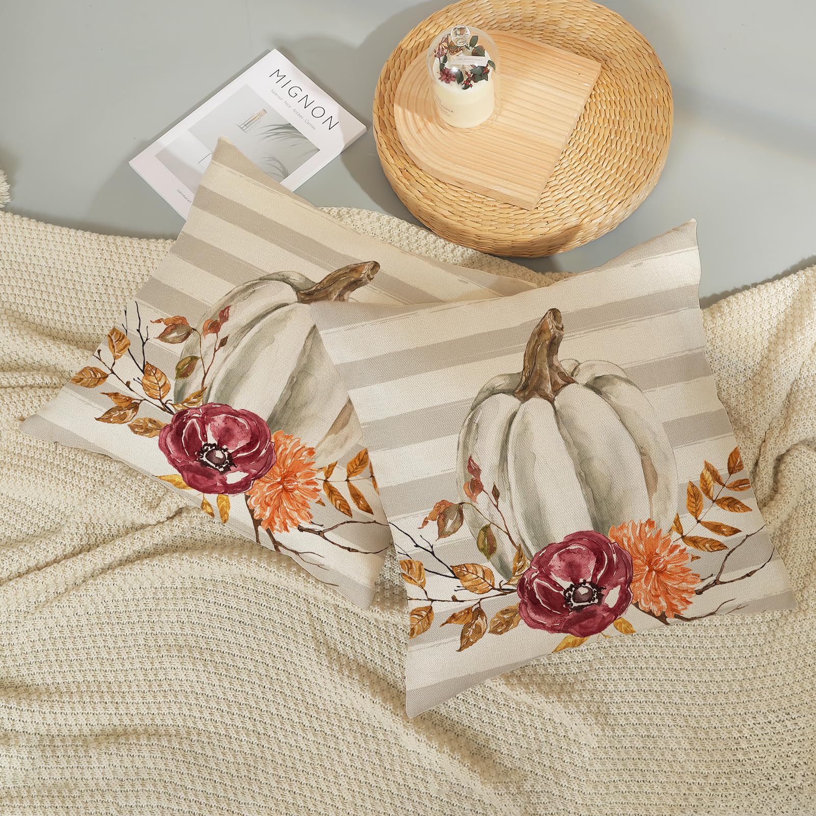 Gohdiwh Fall Pillow Covers 18X18 Set Of 2 Leaf Branch Floral Stripes White Pumpkin Pillowcase Fall Decor Outdoor Throw Pillow Co