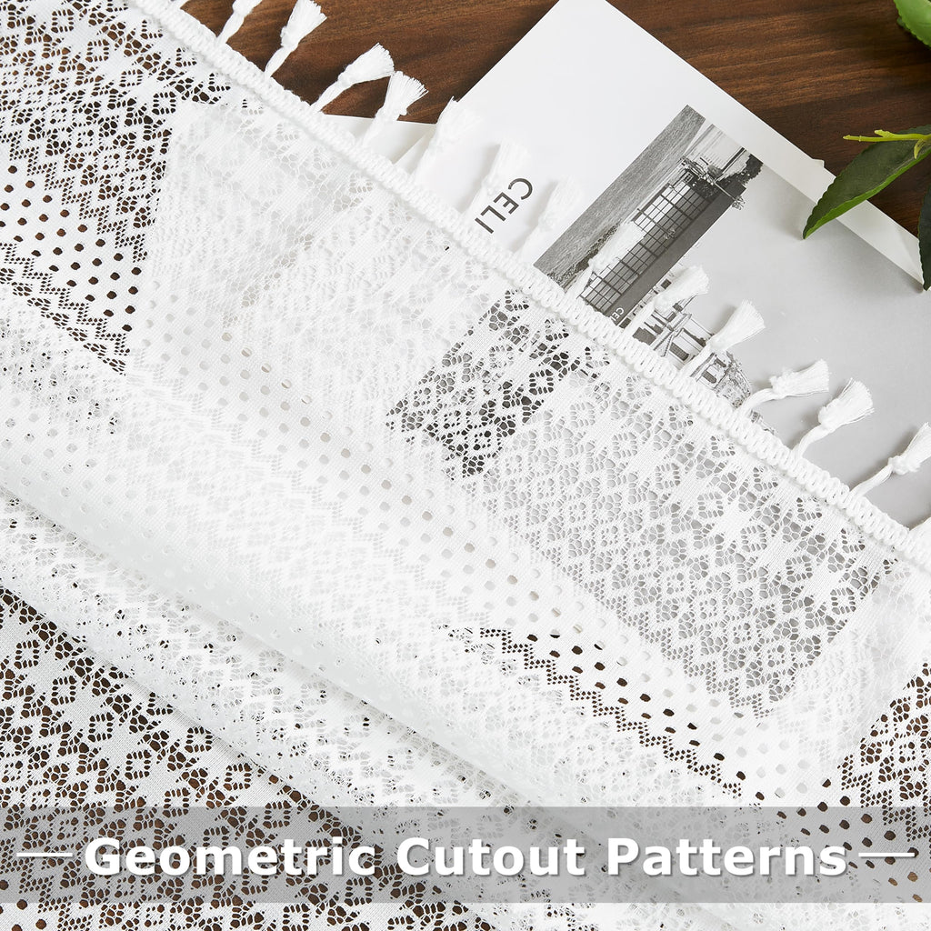 Bapawfish 95 Inches Length White Boho Lace Sheer Curtain Panels With Tassels,Rustic Rod Pocket Drapes,Embroidery Geometric Patte