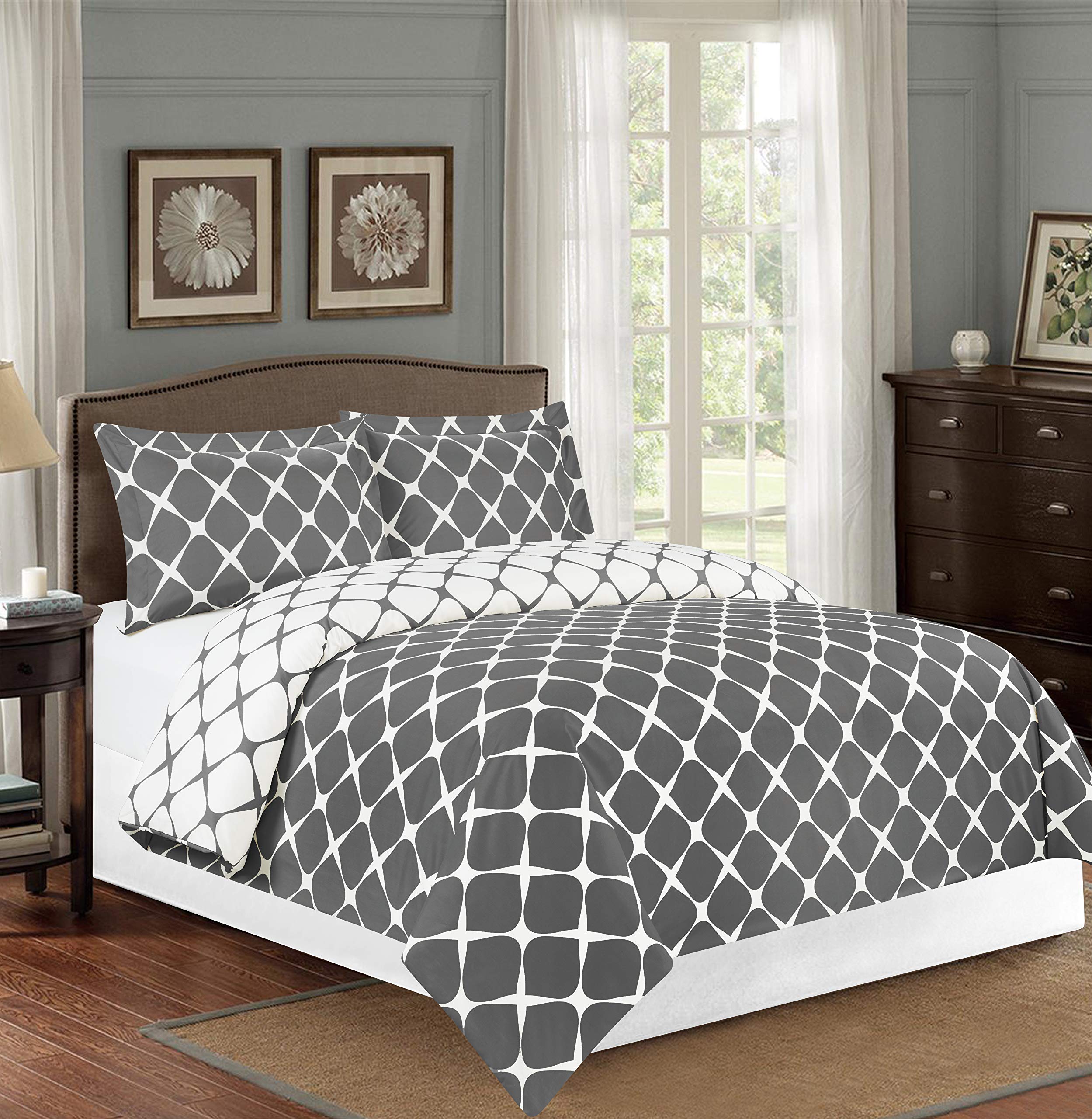 Elegant Comfort 1500 Thread Count Reversible Duvet Cover Set With Shams, Full/Queen Grey