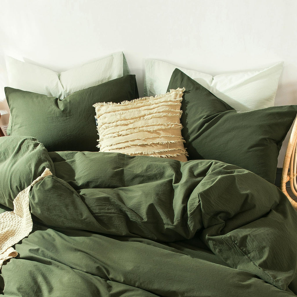 Moomee Bedding Pillowcases Pack Of 2 100% Washed Cotton Linen Like Textured Breathable Durable Soft Comfy (Olive Green, Standard
