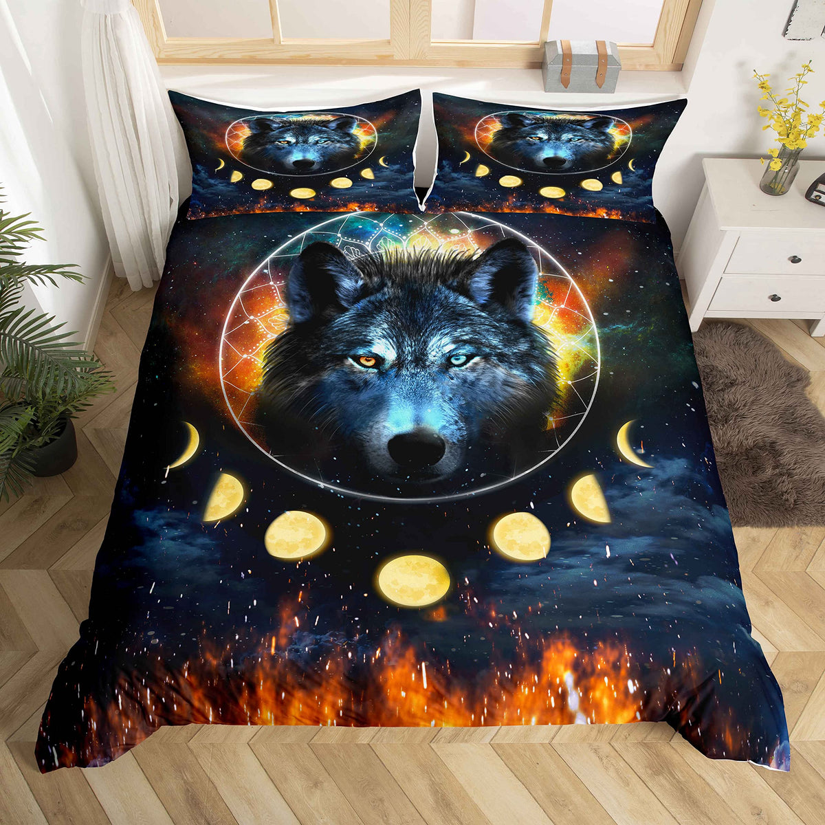 Boys Wolf Duvet Cover Set Queen Size, Boho Wolf Bedding Set For Kids Man, Modern Wildlife Animal Comforter Cover Galaxy Dream Ca