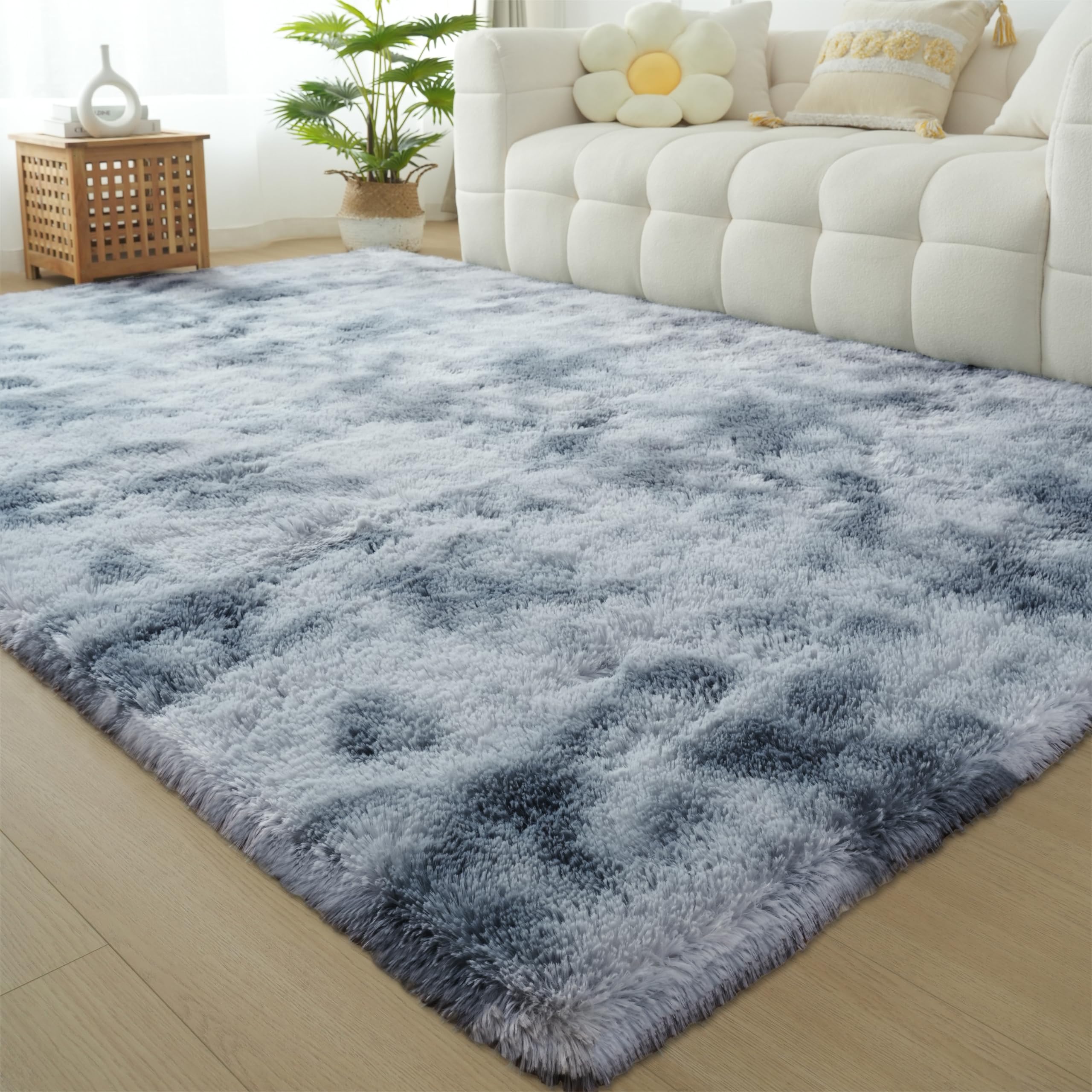 Fluffyrug Grey Shag Area Rug 6x9 Feet - Soft Plush Tie-Dye Light Gray Carpet for Living Room, Fuzzy Rectangular Floor Mat