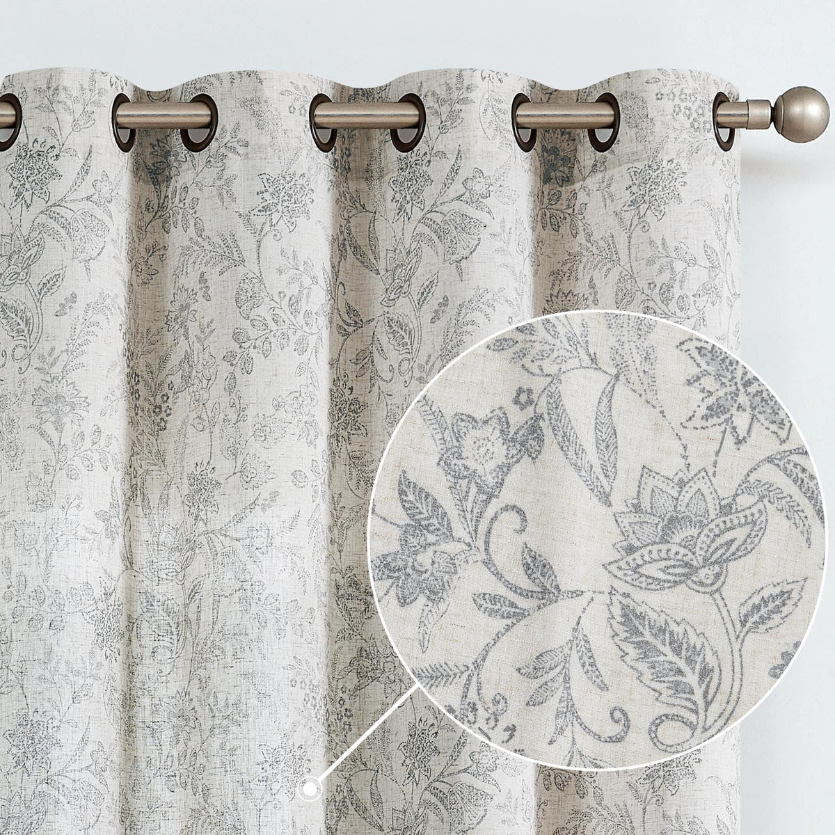 Lazzzy Grey Floral Linen Farmhouse Curtains For Living Room 96 Inch Length Window Curtains Semi Sheer Drapes For Bedroom Country