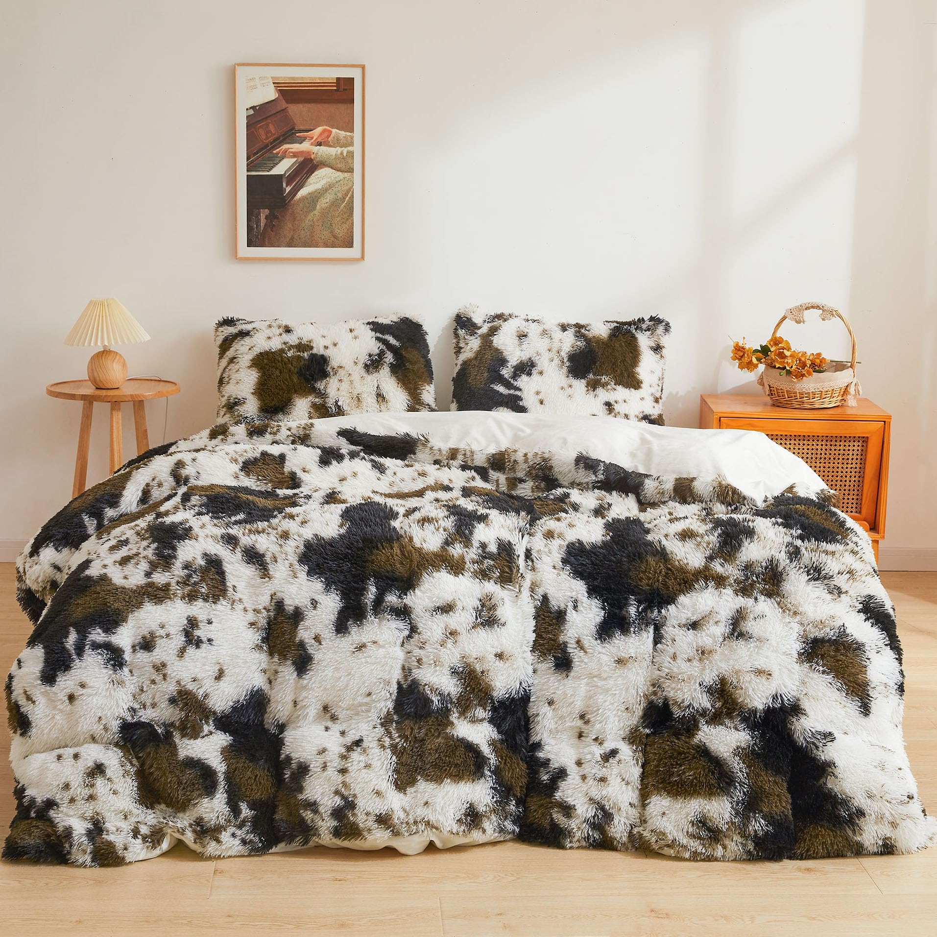Xege Cow Print Fluffy Faux Fur Duvet Cover Set, 3 Pieces Soft Plush Shaggy Fuzzy Bedding Set(1 Faux Fur Animal Print Comforter C