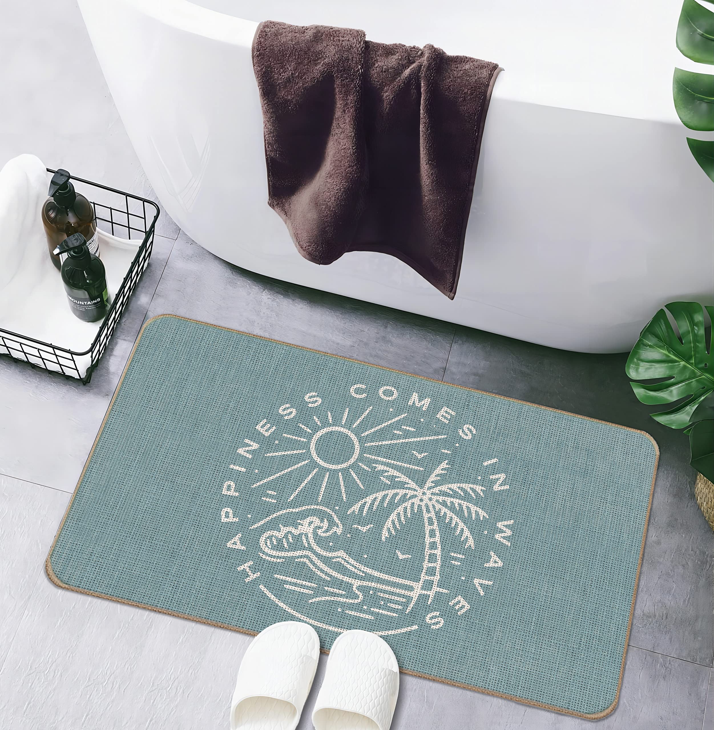 Lacosu Summer Beach House Happiness Comes In Waves Blue Rustic Door Mat Doormat,17'X30' Decorative Coastal Beach House Indoor