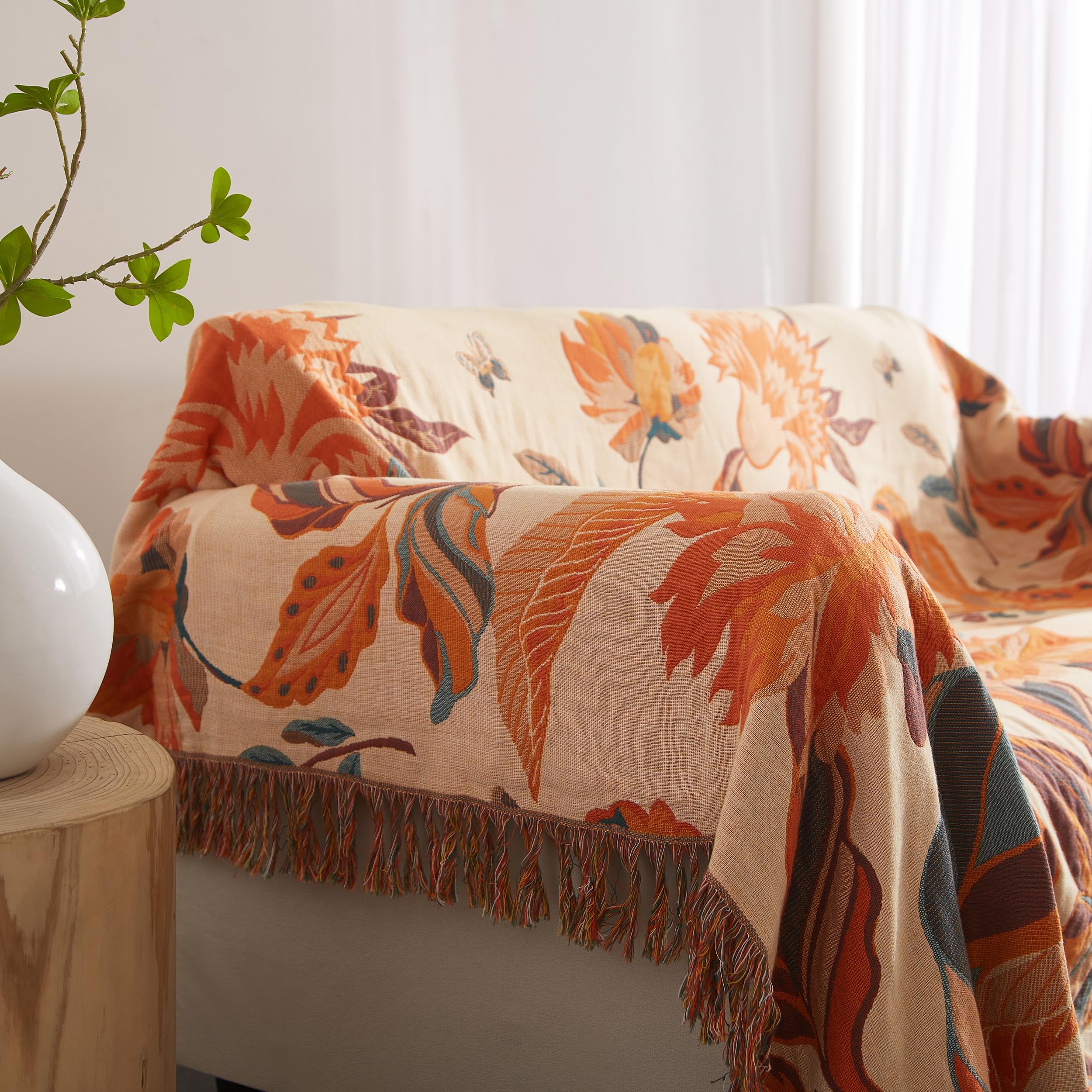 Boho Throw Blanket For Bed 80   X90   , 100% Cotton Woven Blanket For Couch Sofa, Ultra Soft 4-Layer Muslin Quilt With Floral Pr