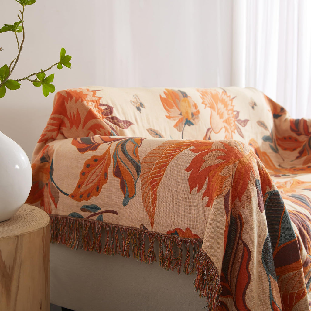 Boho Throw Blanket For Bed 90   X98   , 100% Cotton Woven Blanket For Couch Sofa, Ultra Soft 4-Layer Muslin Quilt With Floral Pr