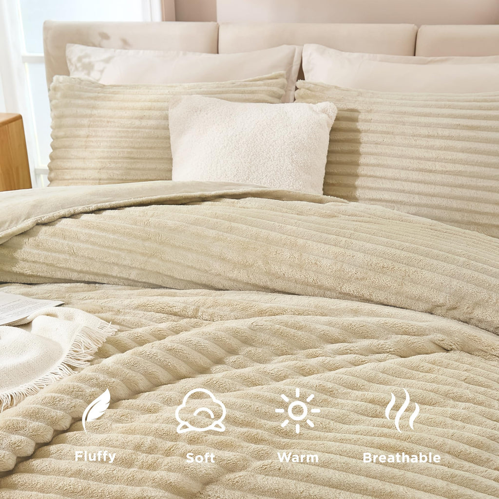 Andency Fleece King Comforter Set, 3 Pieces Beige Comforter Set For King Size Bed, Soft Warm Fluffy Fuzzy Cream Bedding Set For
