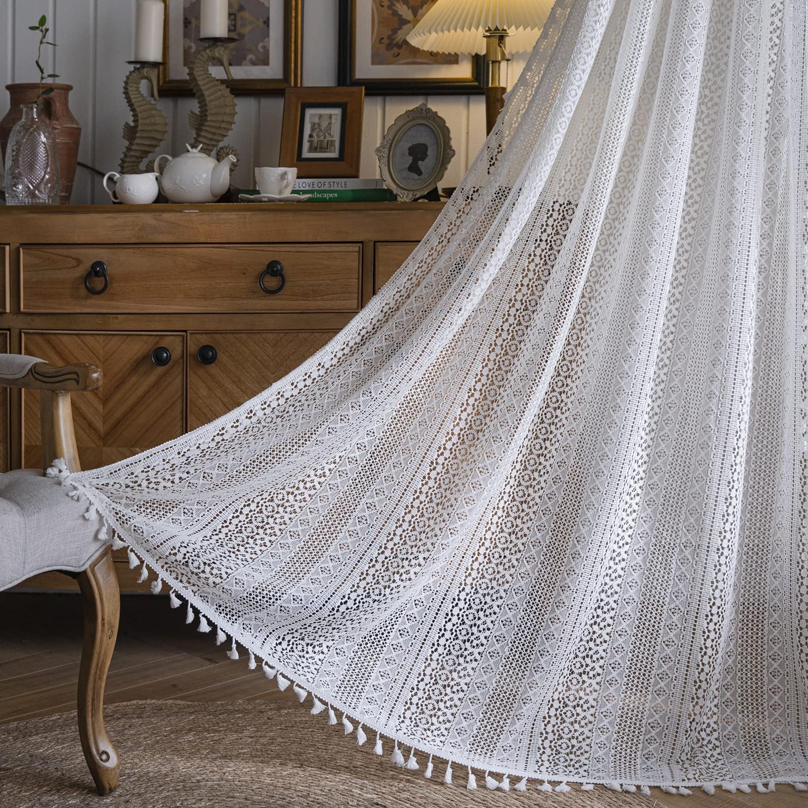 Sutuo Home White Boho Curtains Crochet Lace Semi-Sheer Bohemian Hollow Knitted Handmade Tassels, Rod Pocket Window Treatment Vin