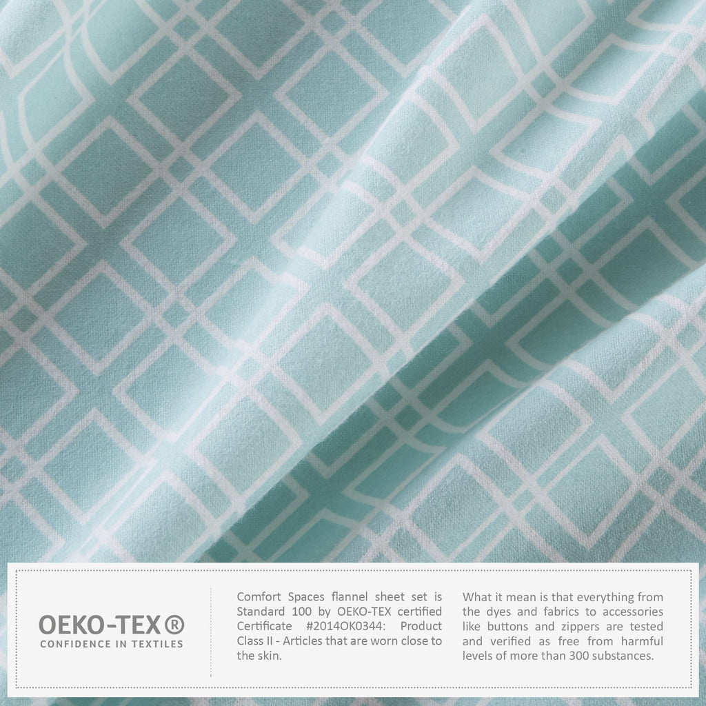 Comfort Spaces Cotton Flannel Breathable Warm Deep Pocket Sheets With Pillow Case Bedding, King, Aqua Geo 4 Piece