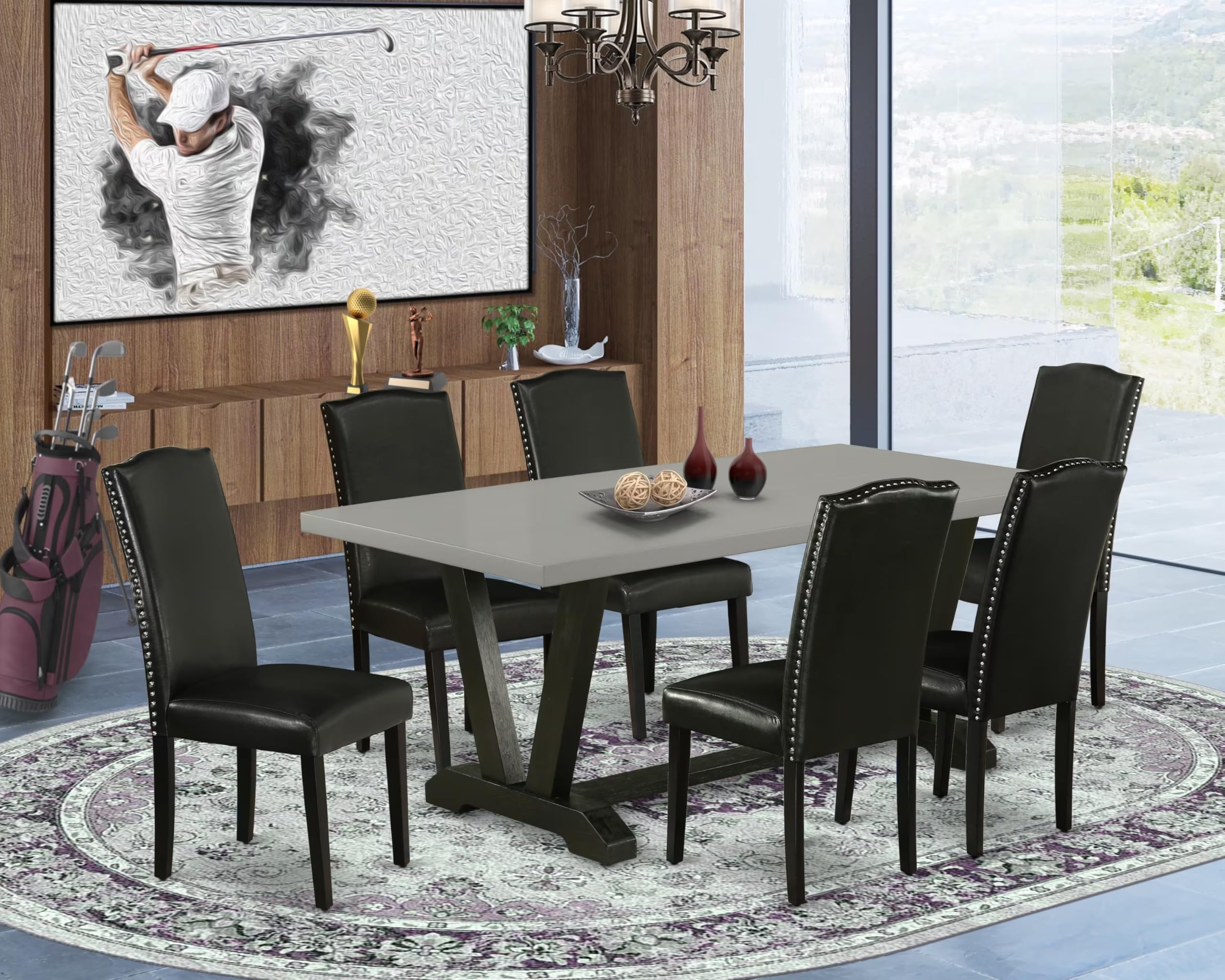 East West Furniture V697En169-7 7 Piece Dinette Set Consist Of A Rectangle Dining Room Table With V-Legs And 6 Black Faux Leather Upholstered Parson Chairs, 40X72 Inch, Multi-Color
