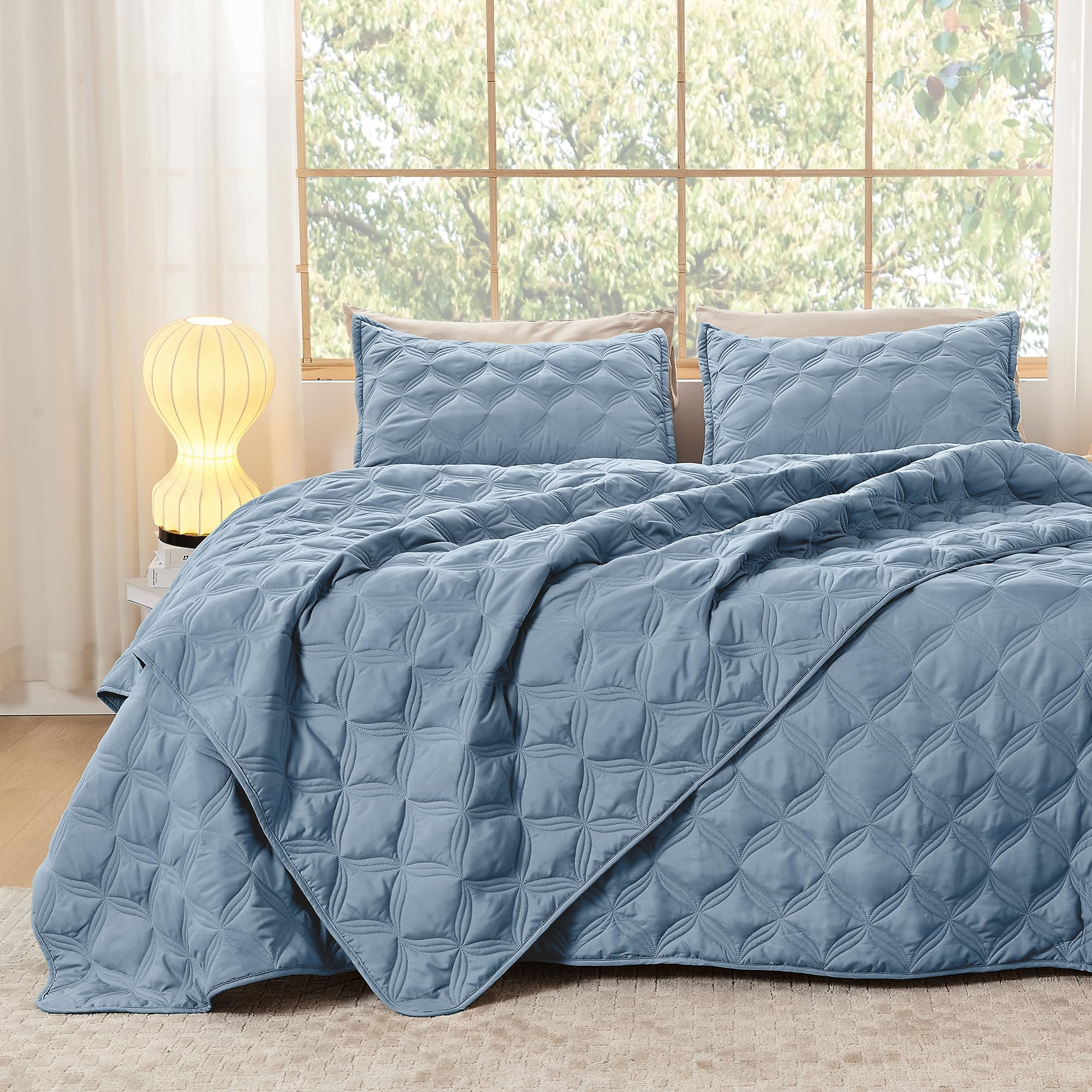 Litanika Oversized King Quilt Bedding Set, 128X120 Inch Super King Grayish Blue Comforter Bedspreads Lightweight Bed Coverlets B