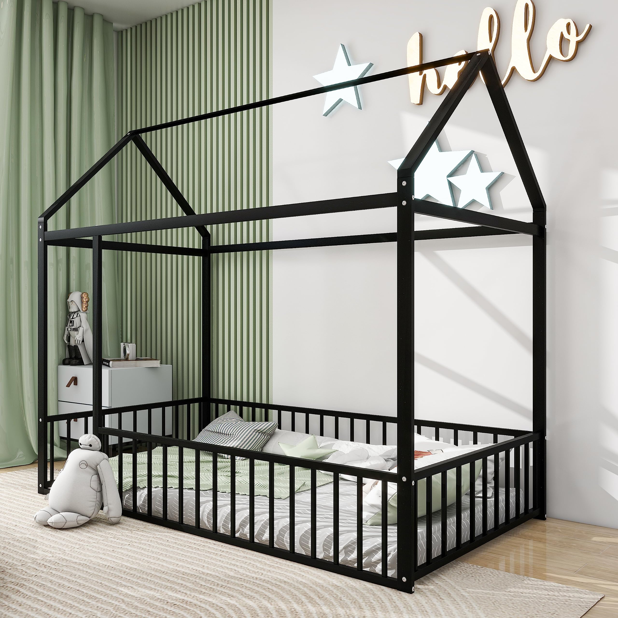 Bellemave Twin Size Montessori Floor Bed, Metal House Bed Frame, House Floor Bed for Kids, Montessori Floor Bed with Fence, Play