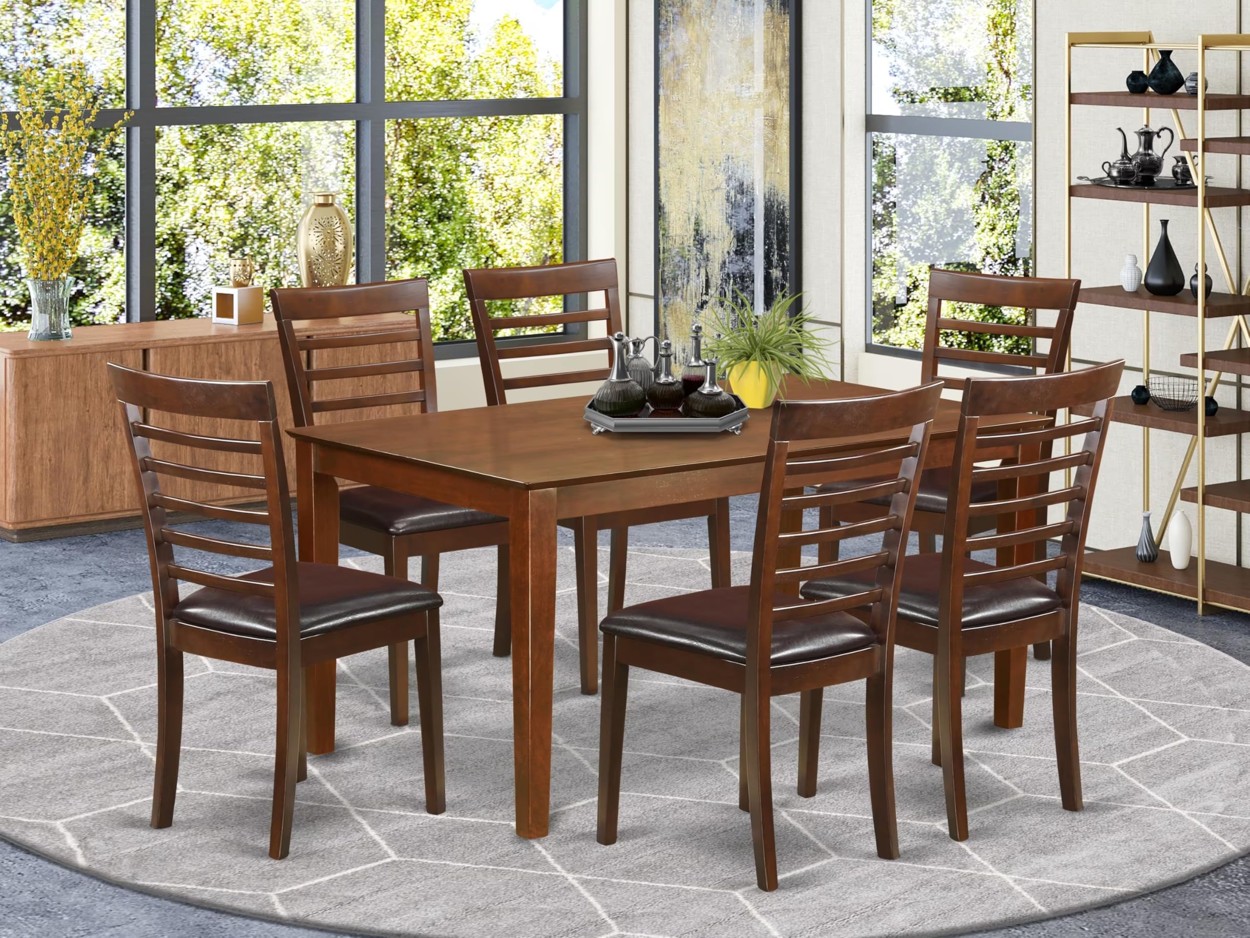 East West Furniture CAML7-MAH-LC 7 Piece Dining Room Table Set Consist of a Rectangle Wooden Table and 6 Faux Leather Kitchen Dining Chairs, 36x60 Inch, Mahogany