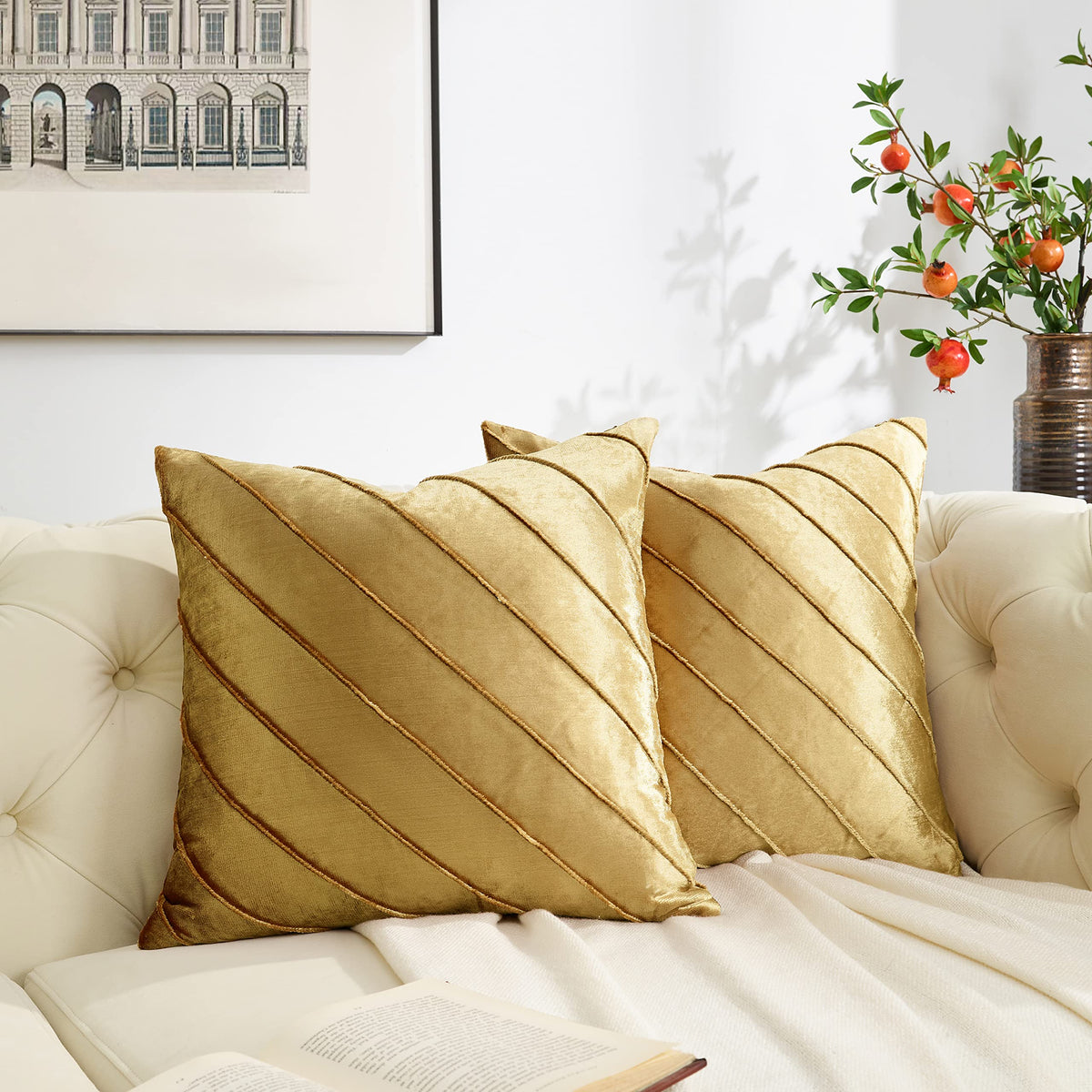 Gigizaza Decorative Velvet Pillow Covers 18X18, Set Of 2 Gold Sofa Couch Throw Pillows Covers Cases, Living Room Square Cushion