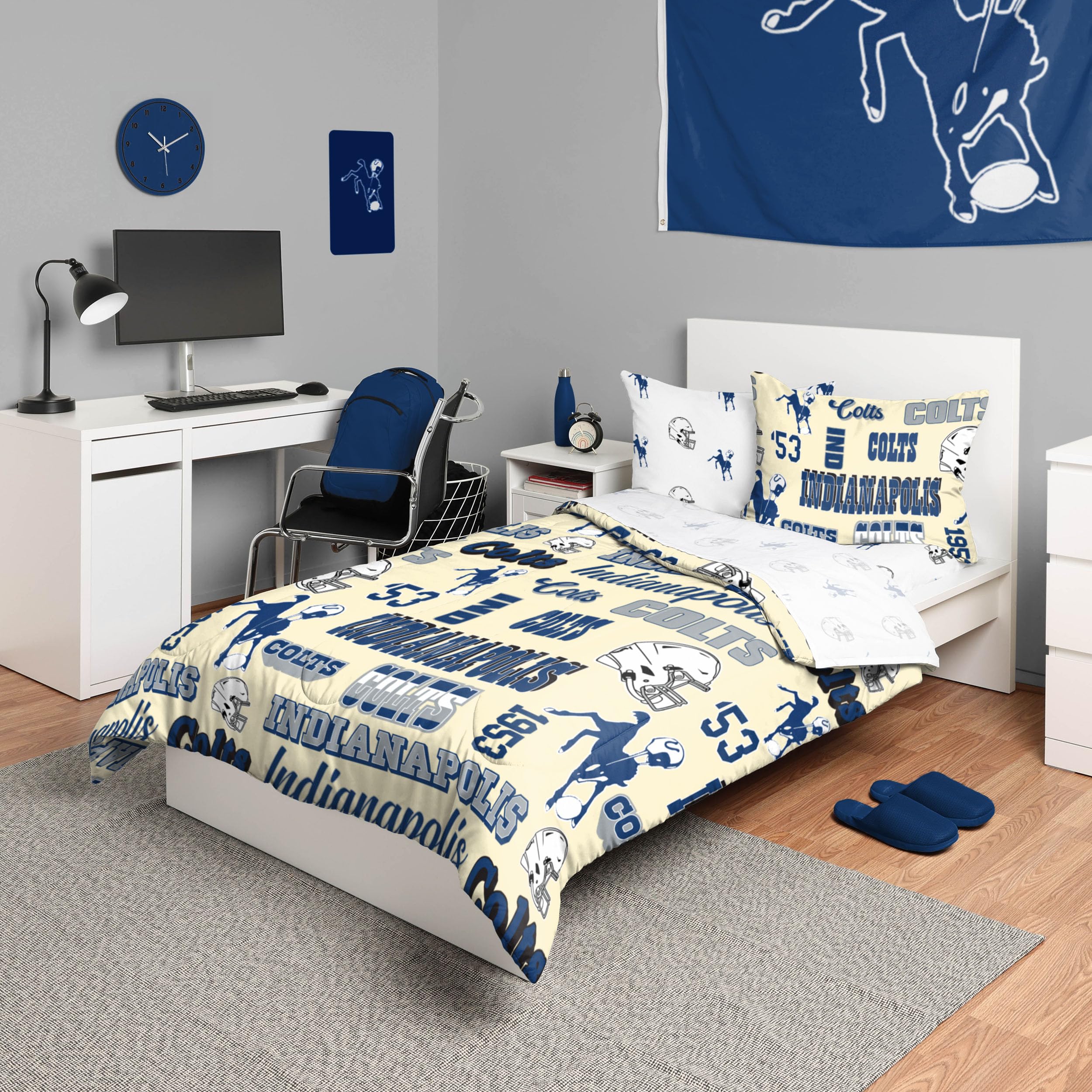 Foco Indianapolis Colts Nfl Retro Bed In A Bag Comforter Bedding 5 Piece Full Set