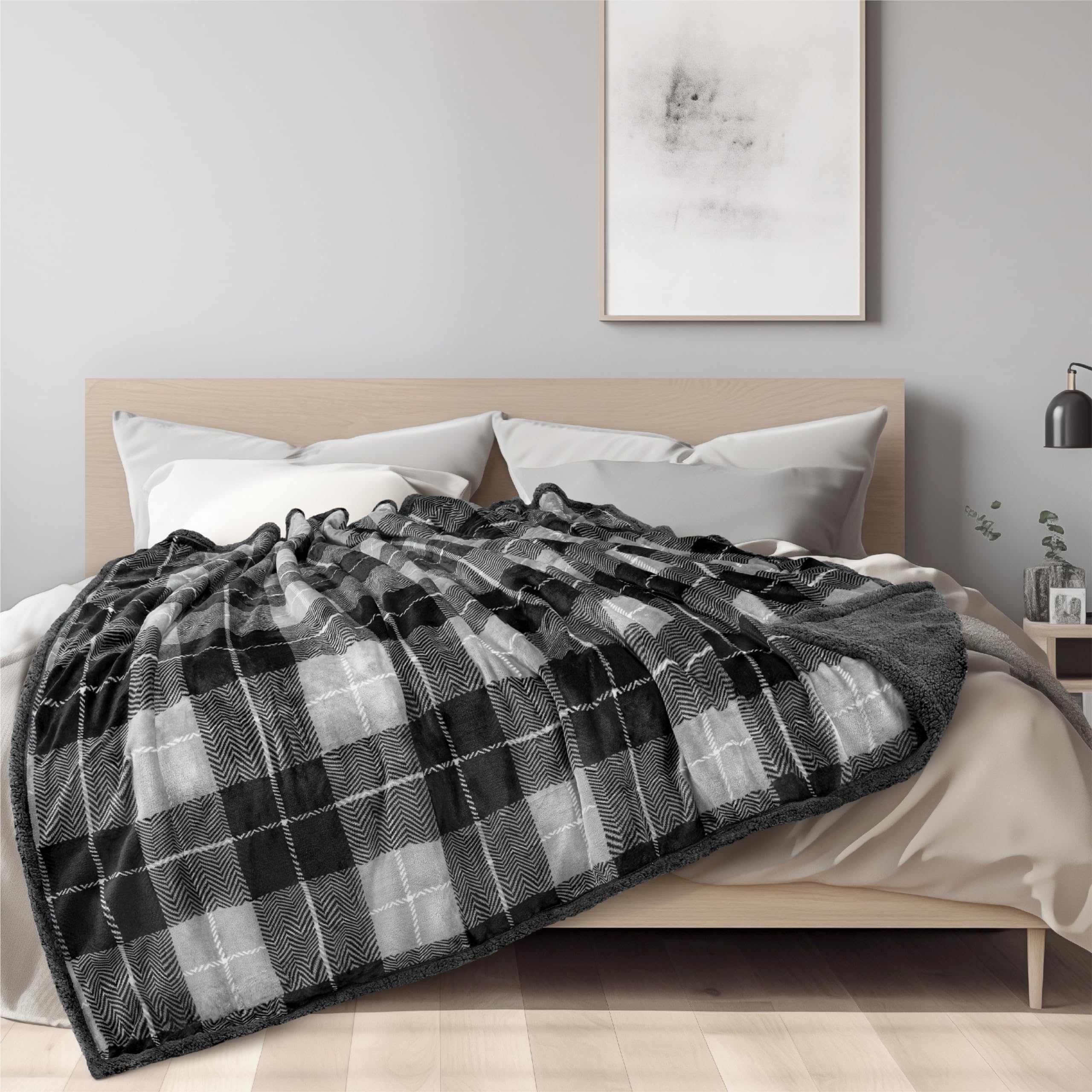 Pavilia Dark Grey Plaid Sherpa Throw Blanket For Couch Twin, Soft Plush Flannel Blanket & Throws For Bed Sofa, Warm Cozy Winter