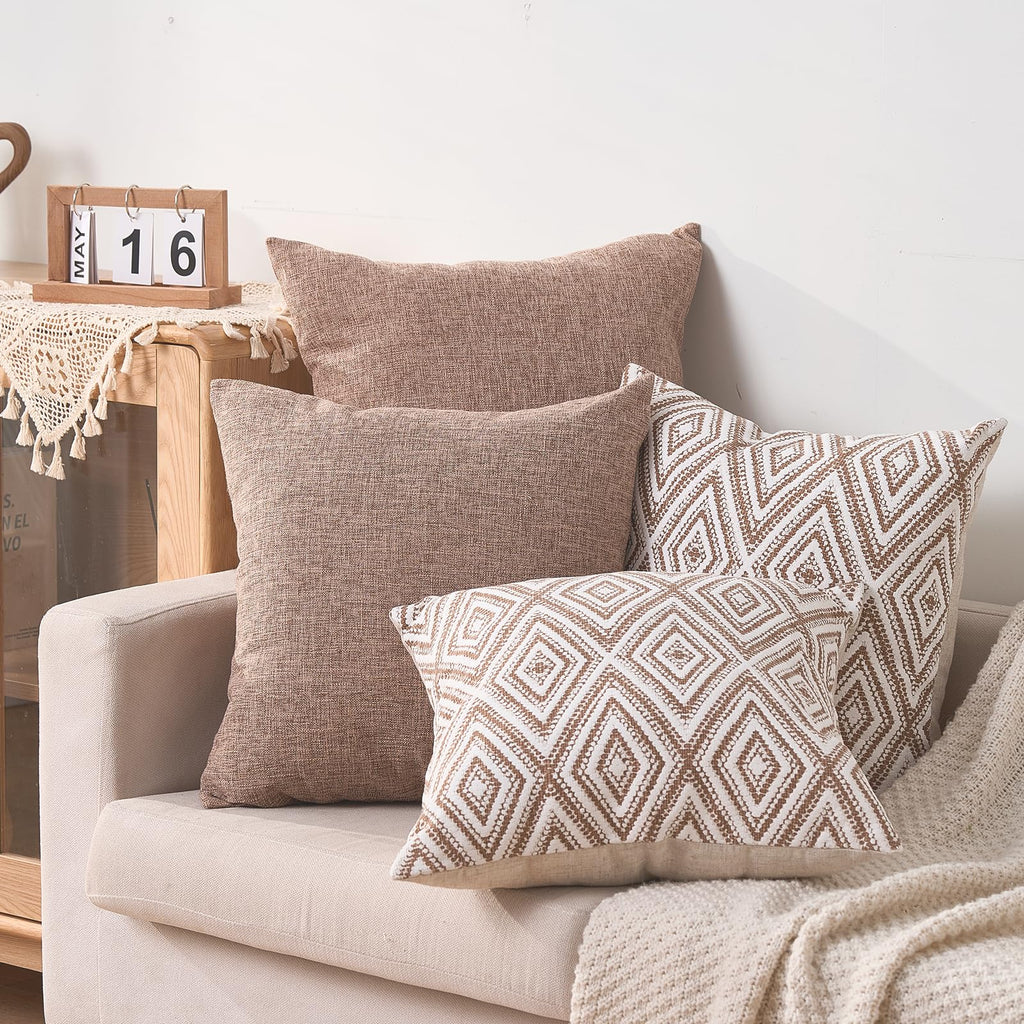 Hpuk Decorative Throw Pillow Covers Set Of 4 Geometric Design Linen Cushion Cover For Couch Sofa Living Room, 20'X20' Inches, Light Brown