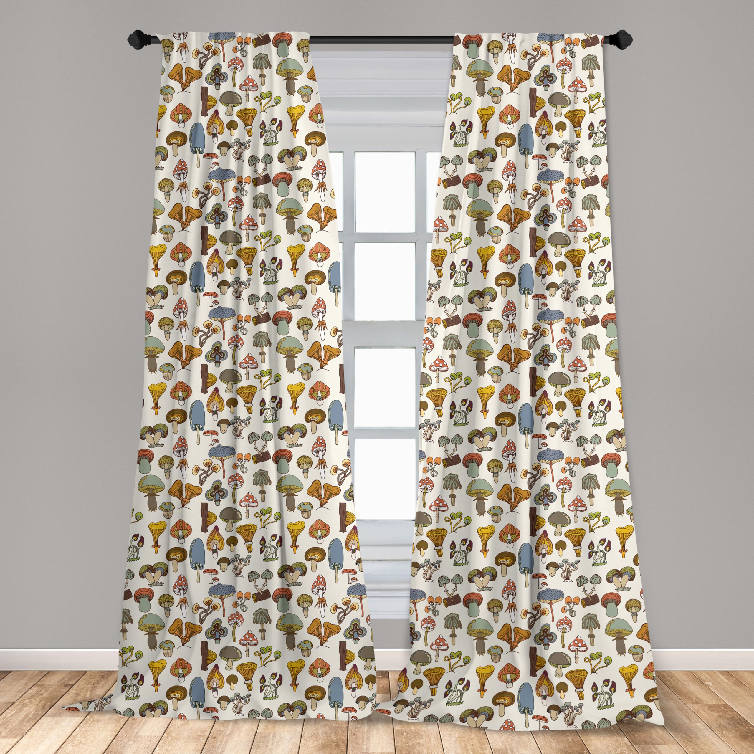 Ambesonne Colorful Window Curtains Pack Of 2, Pattern Of Mushrooms Designs In Cartoon Style Abstract Illustration Print, Lightwe