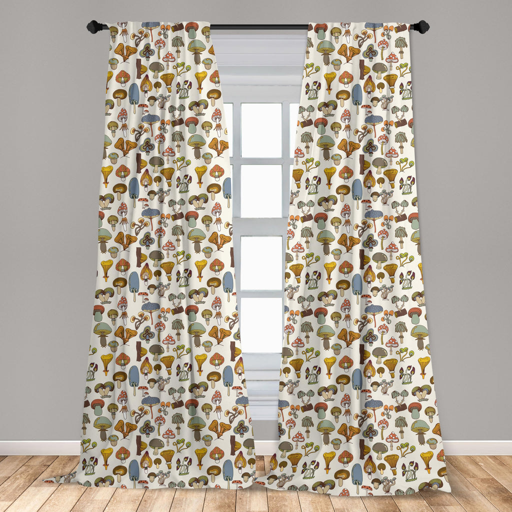 Ambesonne Colorful Window Curtains, Pattern Of Mushrooms Designs In Cartoon Style Abstract Illustration Print, Lightweight Decor
