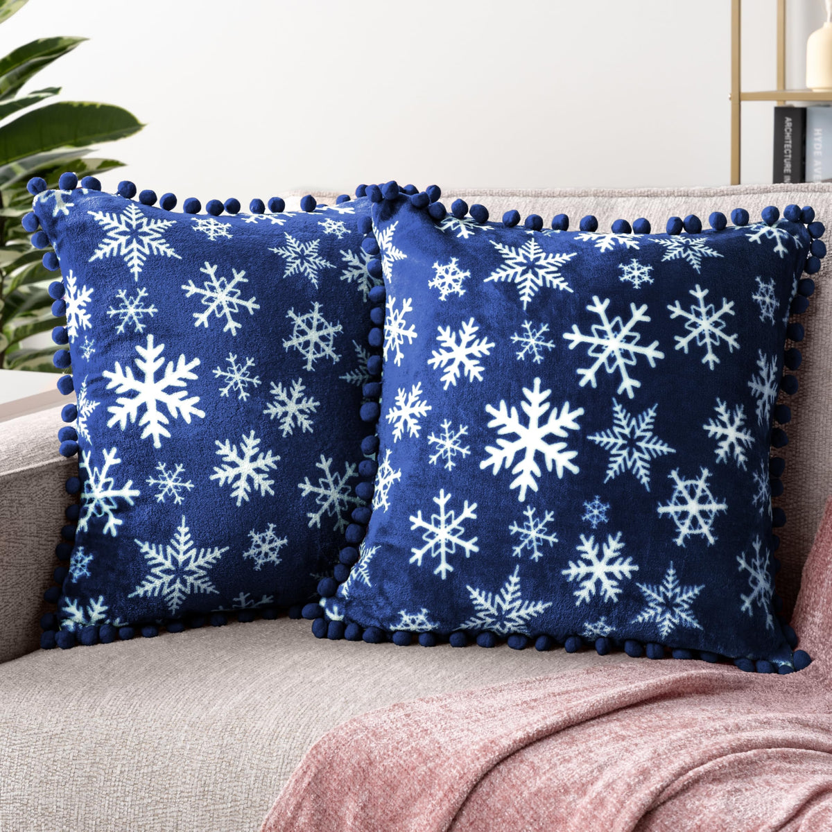 Pavilia Snowflake Blue Throw Pillow Covers With Pom Pom 18X18 Set Of 2, Christmas Decorative Pillow Cases For Bedroom, Holiday S