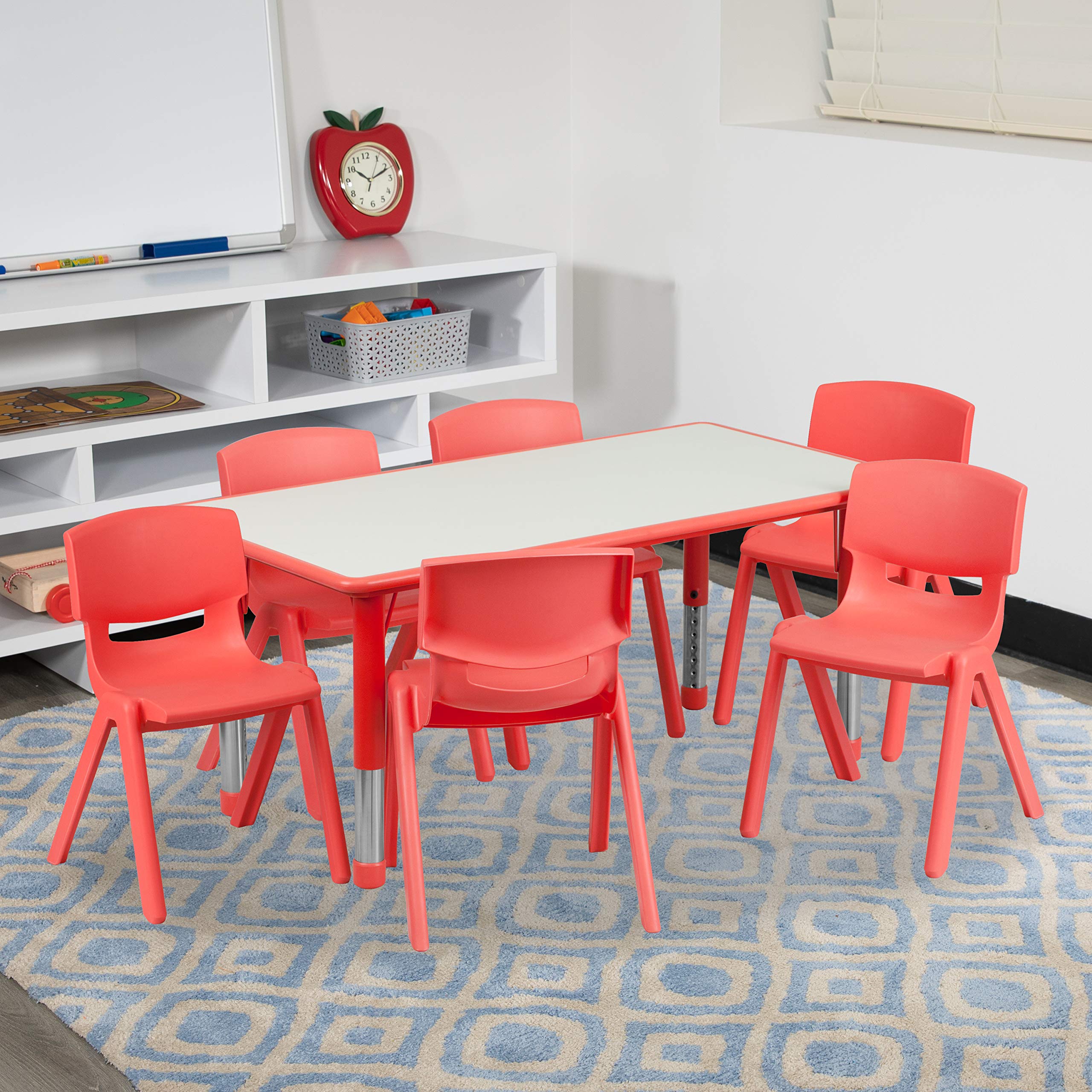 Flash Furniture Emmy Adjustable Classroom Activity Table With 6 Stackable Chairs, Rectangular Plastic Activity Table For Kids, 23.625' W X 47.25' L, Red/Gray