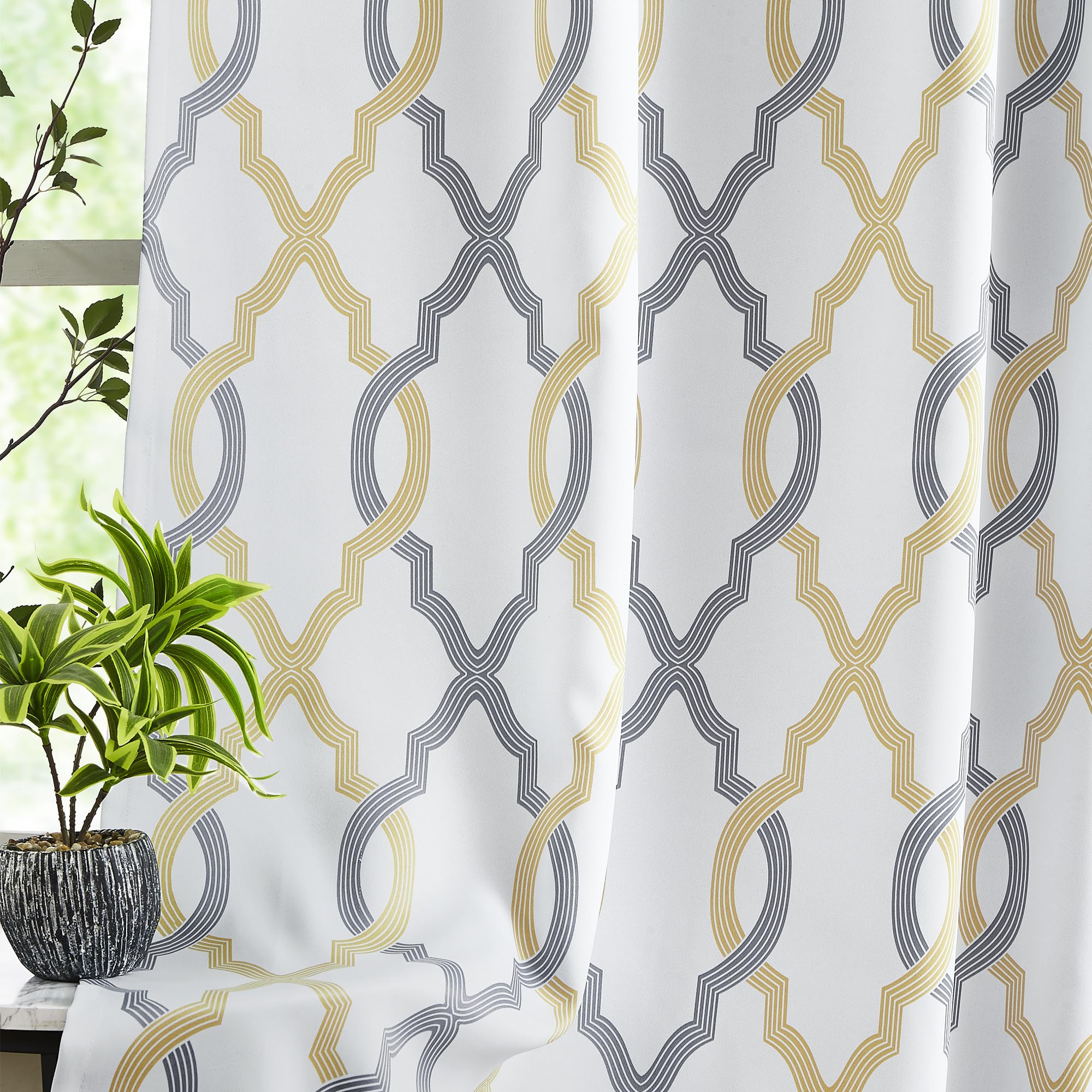 Ugoutry Full Blackout Curtains, Yellow Grey Moroccan Tile Curtains 84 Inches Long For Bedroom, Geometric Quatrefoil Pattern Curt