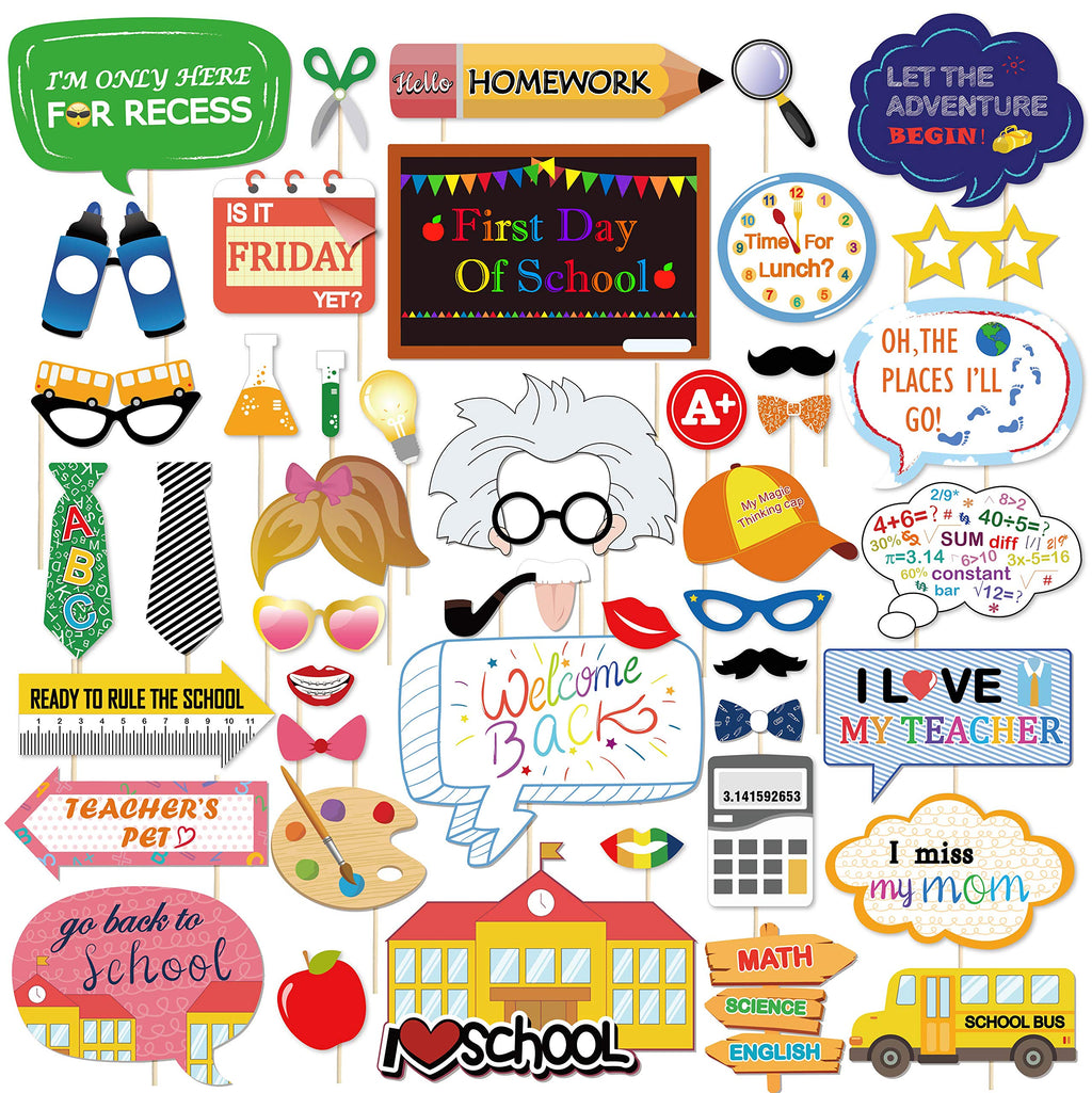 Konsait 46Count Back to School Photo Booth Props, First Day of School Welcome Decorations,Apple Pencil Stationery Chalkboard Dec