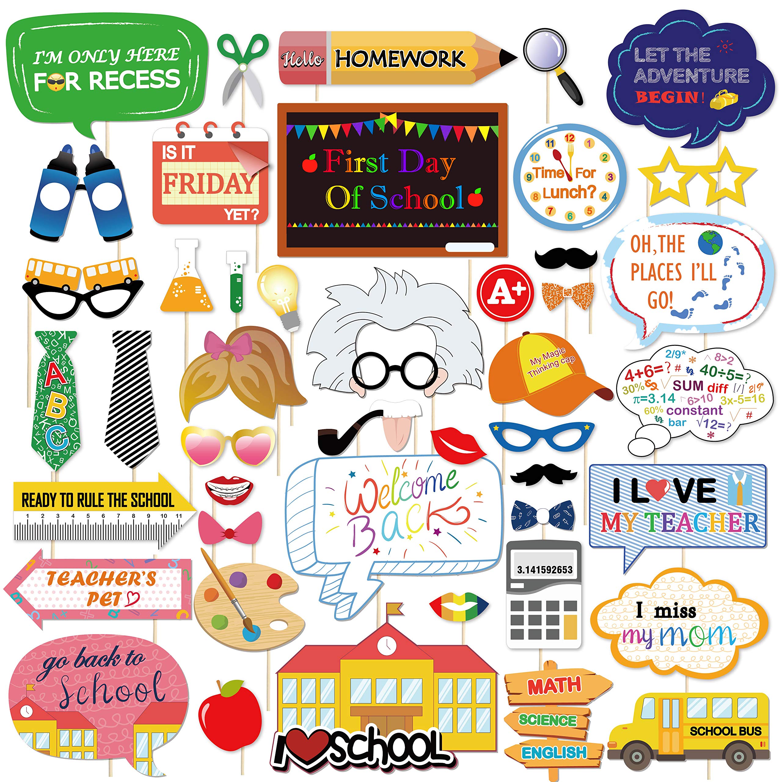 Konsait 46Count Back to School Photo Booth Props, First Day of School Welcome Decorations,Apple Pencil Stationery Chalkboard Dec