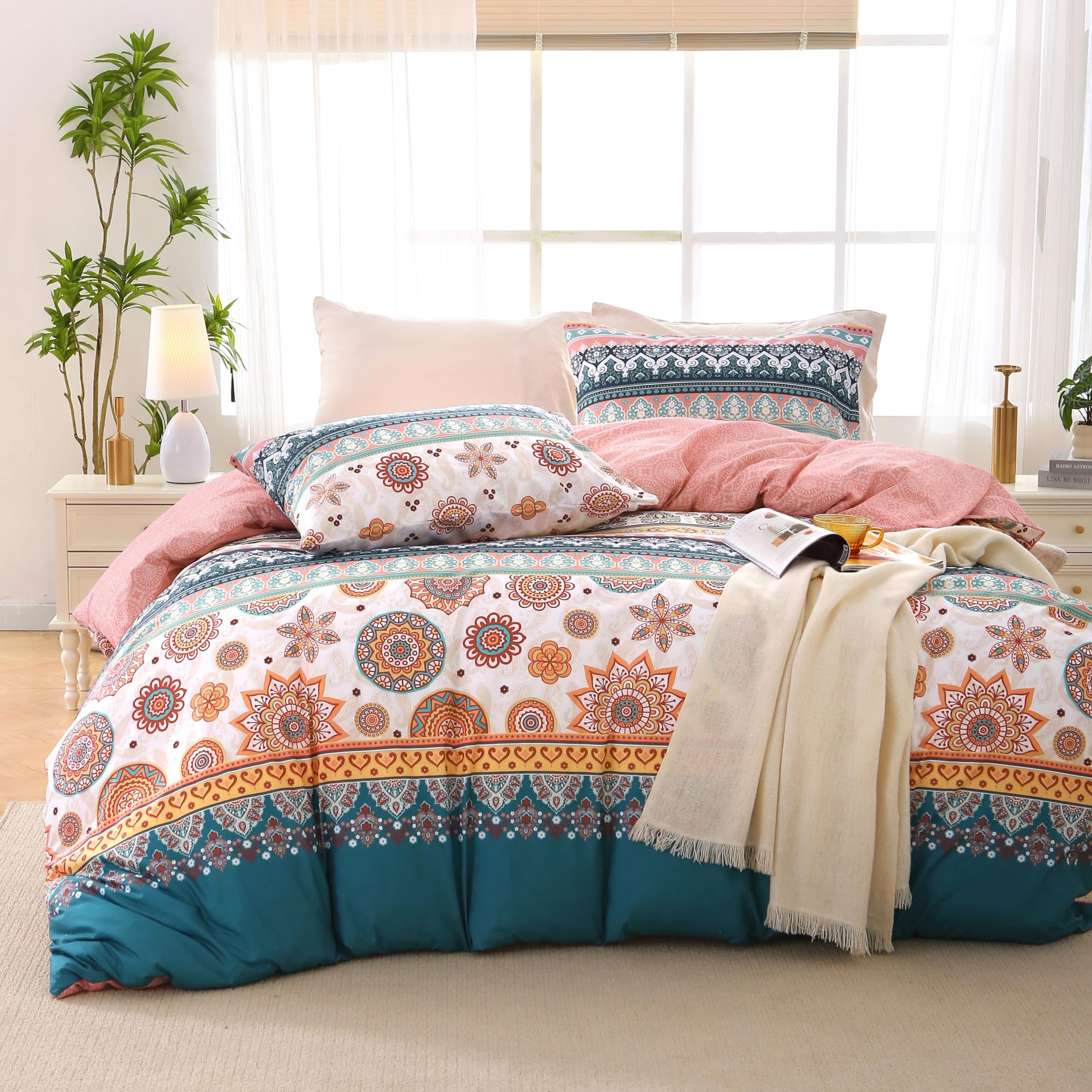 Muxhomo Duvet Cover Queen Size Floral Duvet Cover Set With Zipper Closure, Boho Flower Bedding Set, 3 Pieces, 1 Duvet Cover 90''