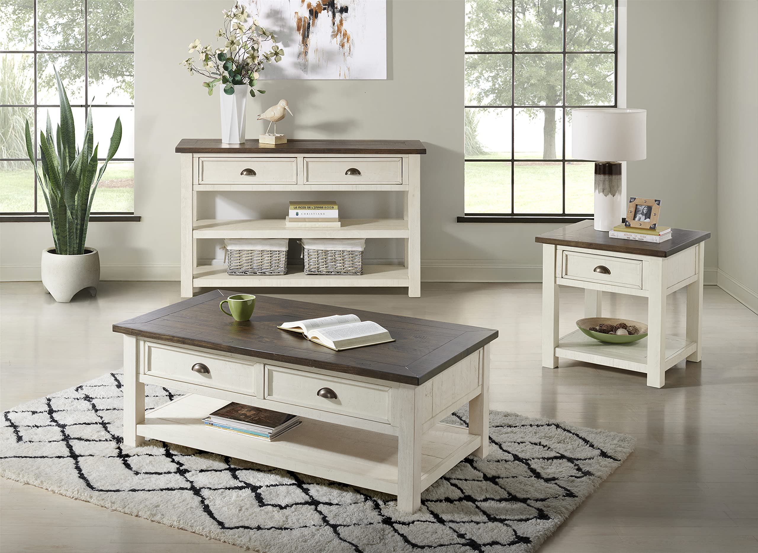 Martin Svensson Home Solid Wood Sofa Console Table, Cream White with Brown Top