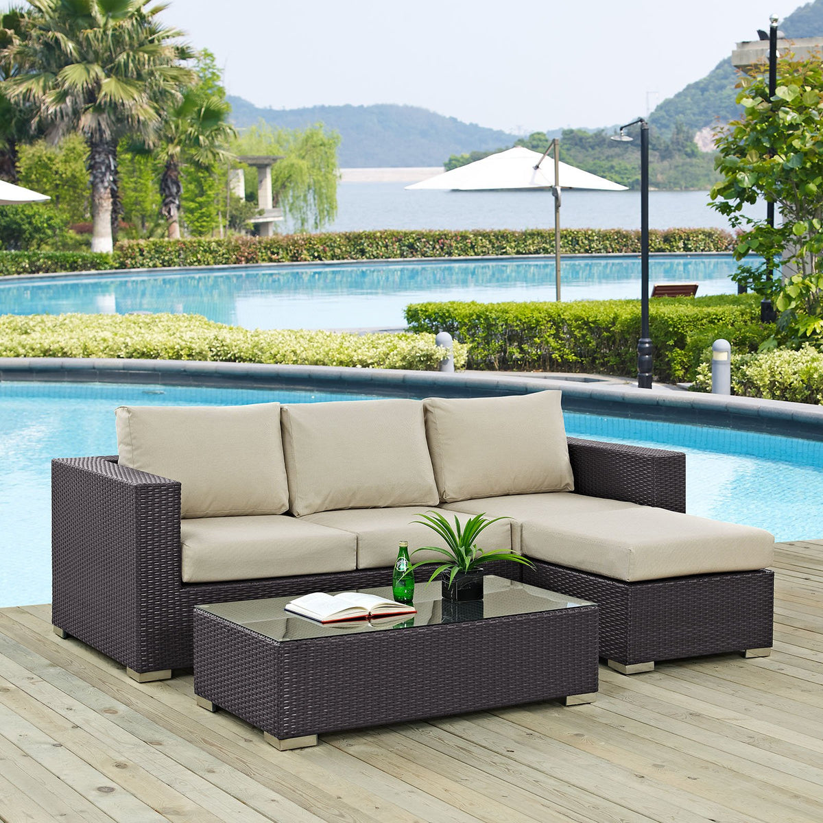 Modway Convene Wicker Rattan 3-Piece Outdoor Patio Furniture Sofa Set In Espresso Beige