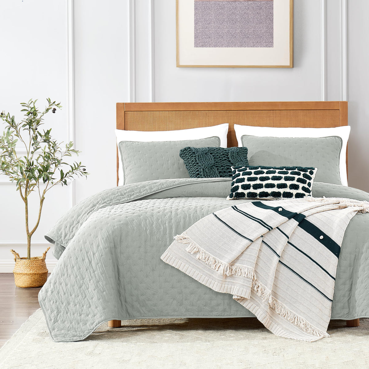 Roaringwild King Size Quilt Bedding Sets With Pillow Shams, Sage Green Lightweight Bedspread Coverlet, Quilted Blanket Thin Comf
