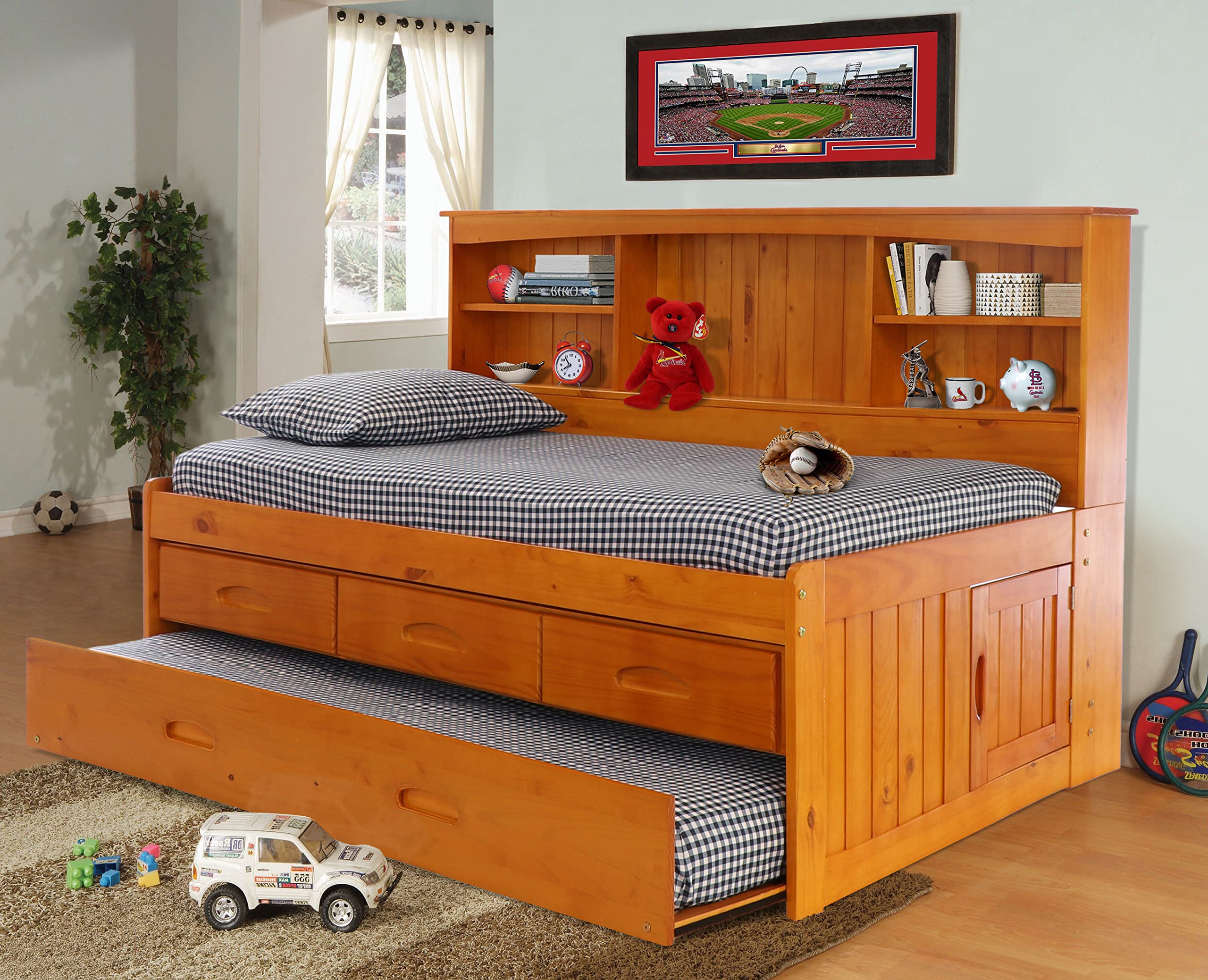 OS Home and Office Furniture Model 82122K3-22, Solid Pine Twin Daybed with 3 Sturdy Drawers and a Twin Sized Trundle in Warm Honey
