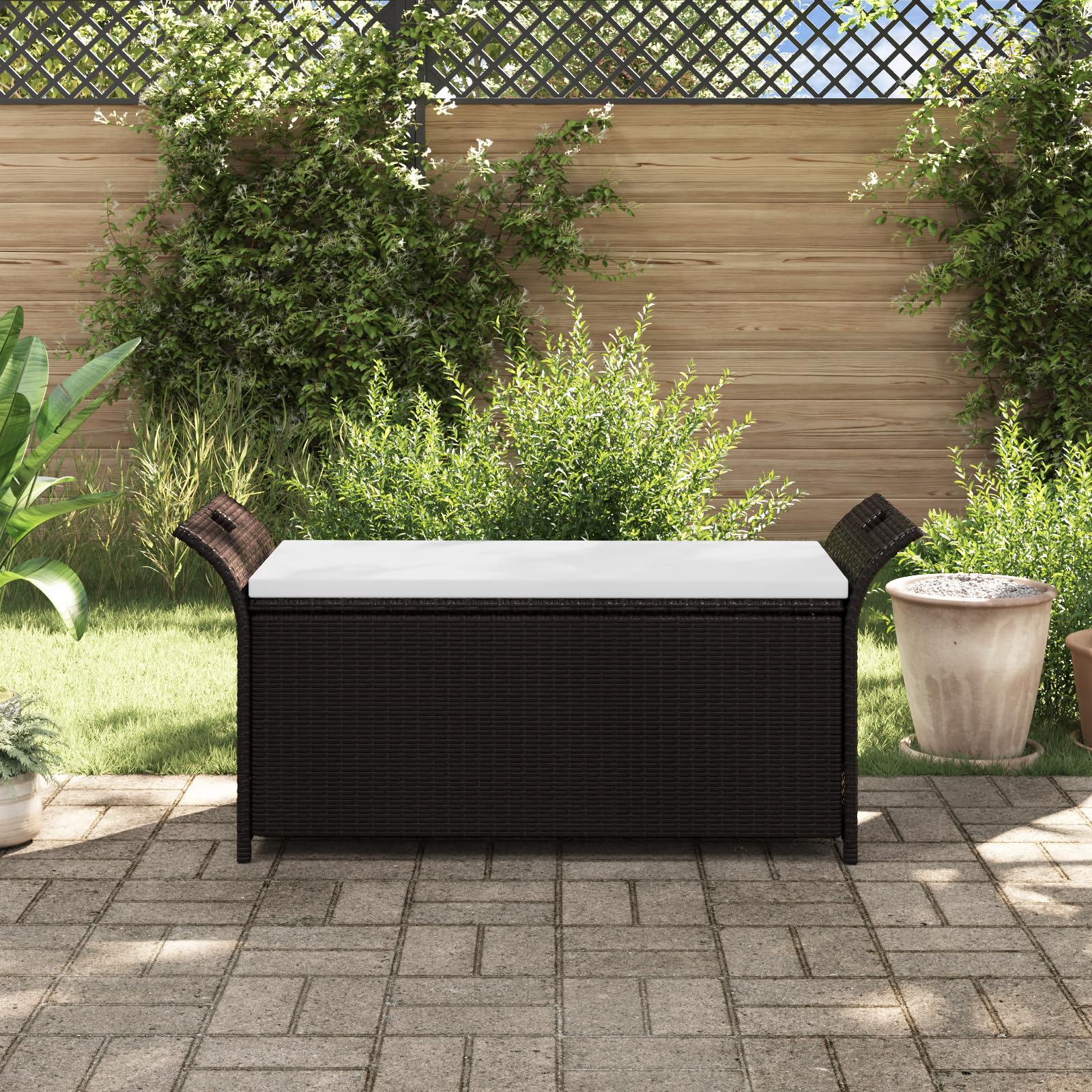 vidaXL Poly Rattan Storage Bench with Cushion, Indoor/Outdoor Ottoman Garden Bench, Waterproof Design, Easy Maintenance, 19.7&quot; x 54.3&quot; x 23.6&quot; Brown