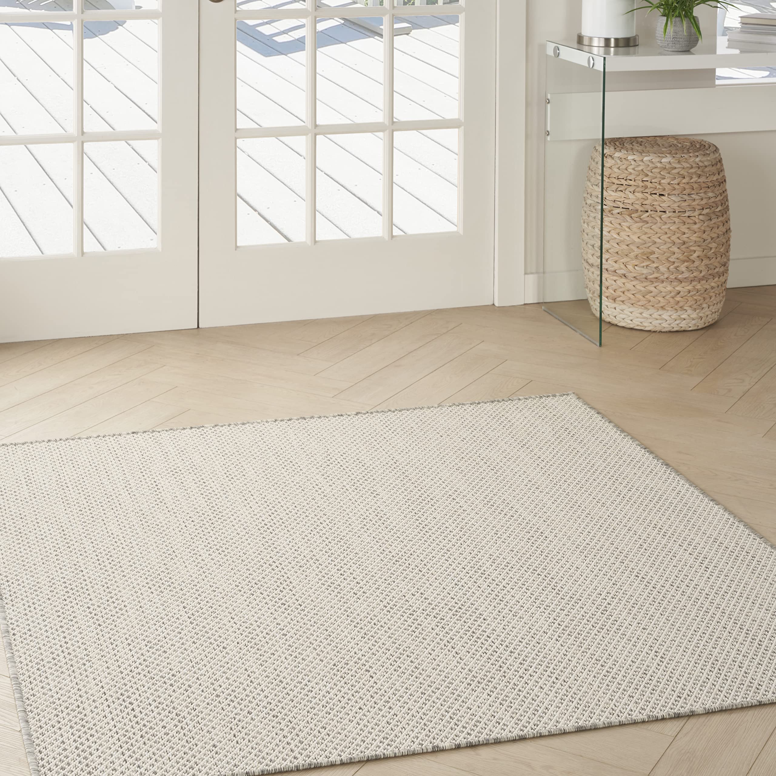 Nourison Courtyard Indoor/Outdoor Ivory/Silver 5' X Square Area Rug, Easy Cleaning, Non Shedding, Bed Room, Living Room, Dining