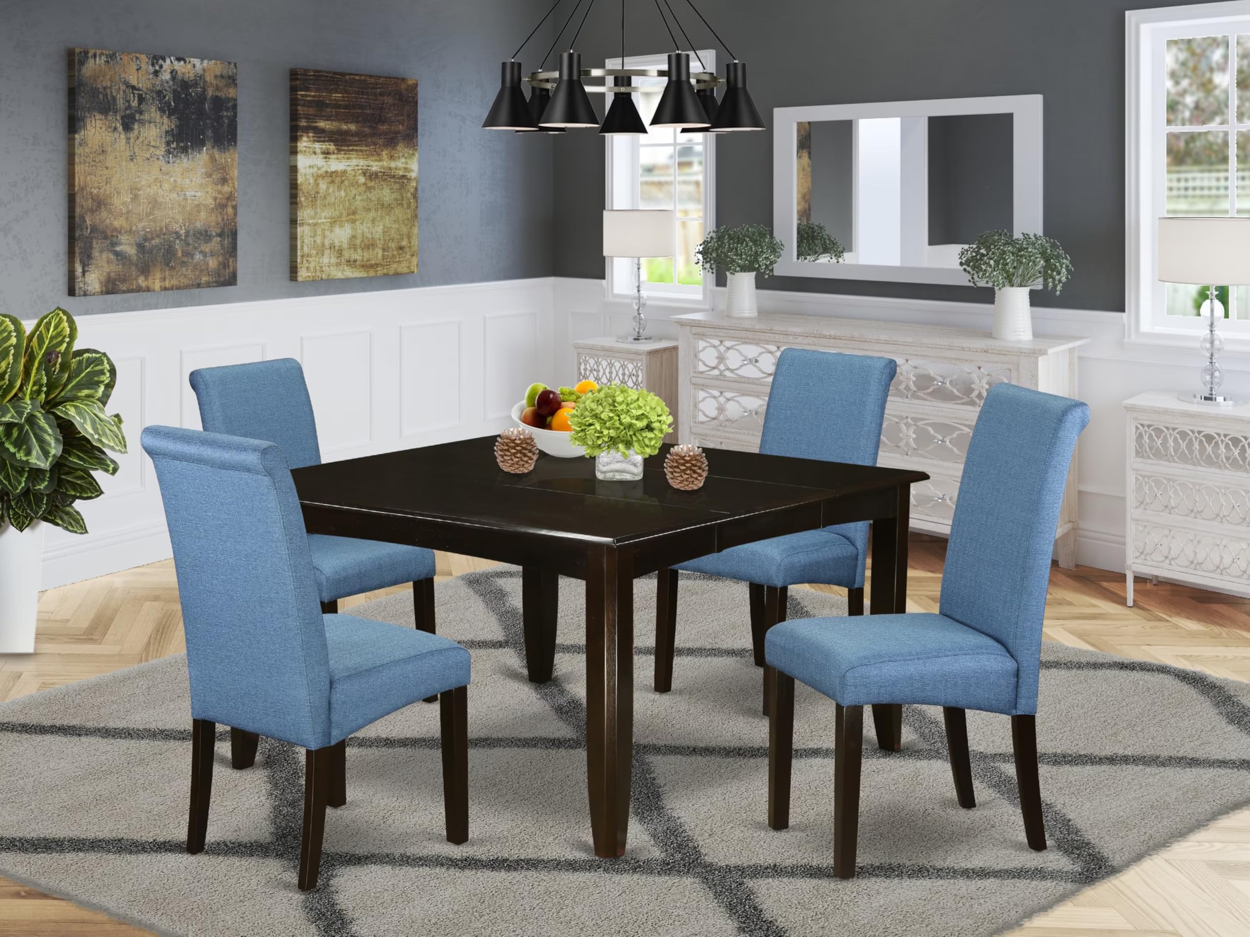 East West Furniture PFBA5-CAP-21 5 Piece Dining Room Table Set Includes a Square Wooden Table with Butterfly Leaf and 4 Blue Color Linen Fabric Upholstered Chairs, 54x54 Inch, Cappuccino