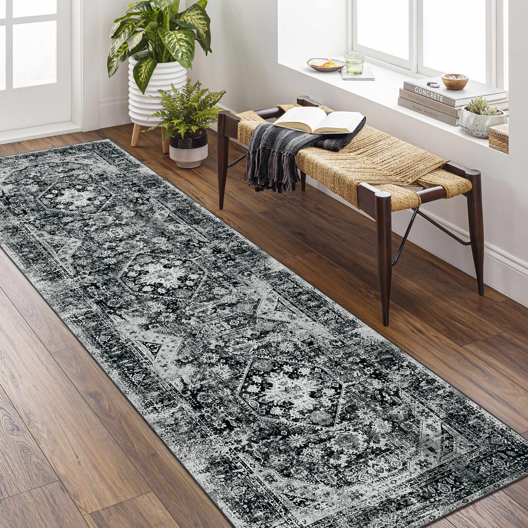 MUJOO Black Runner Rug,Washable 2x8 Runner Rugs for Hallway Kitchen Bedside Bathroom,Boho Area Rug Carpet Runner Long Non Slip T