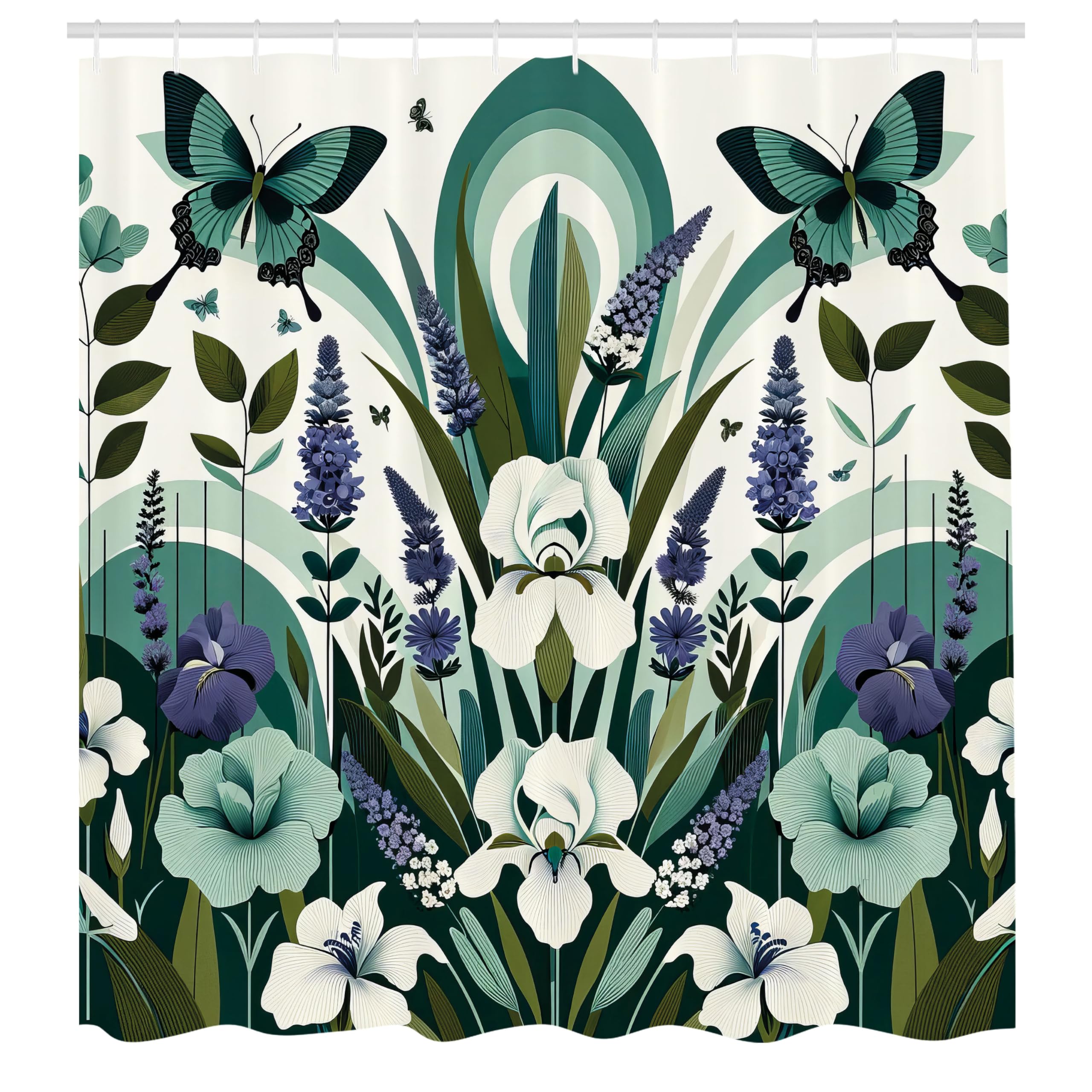 Ambesonne Teal Shower Curtain, Curving Leaves And Floral Mirage With Iris Lavender Eucalyptus Butterfly, Cloth Fabric Bathroom D