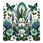 Ambesonne Teal Shower Curtain, Curving Leaves And Floral Mirage With Iris Lavender Eucalyptus Butterfly, Cloth Fabric Bathroom D