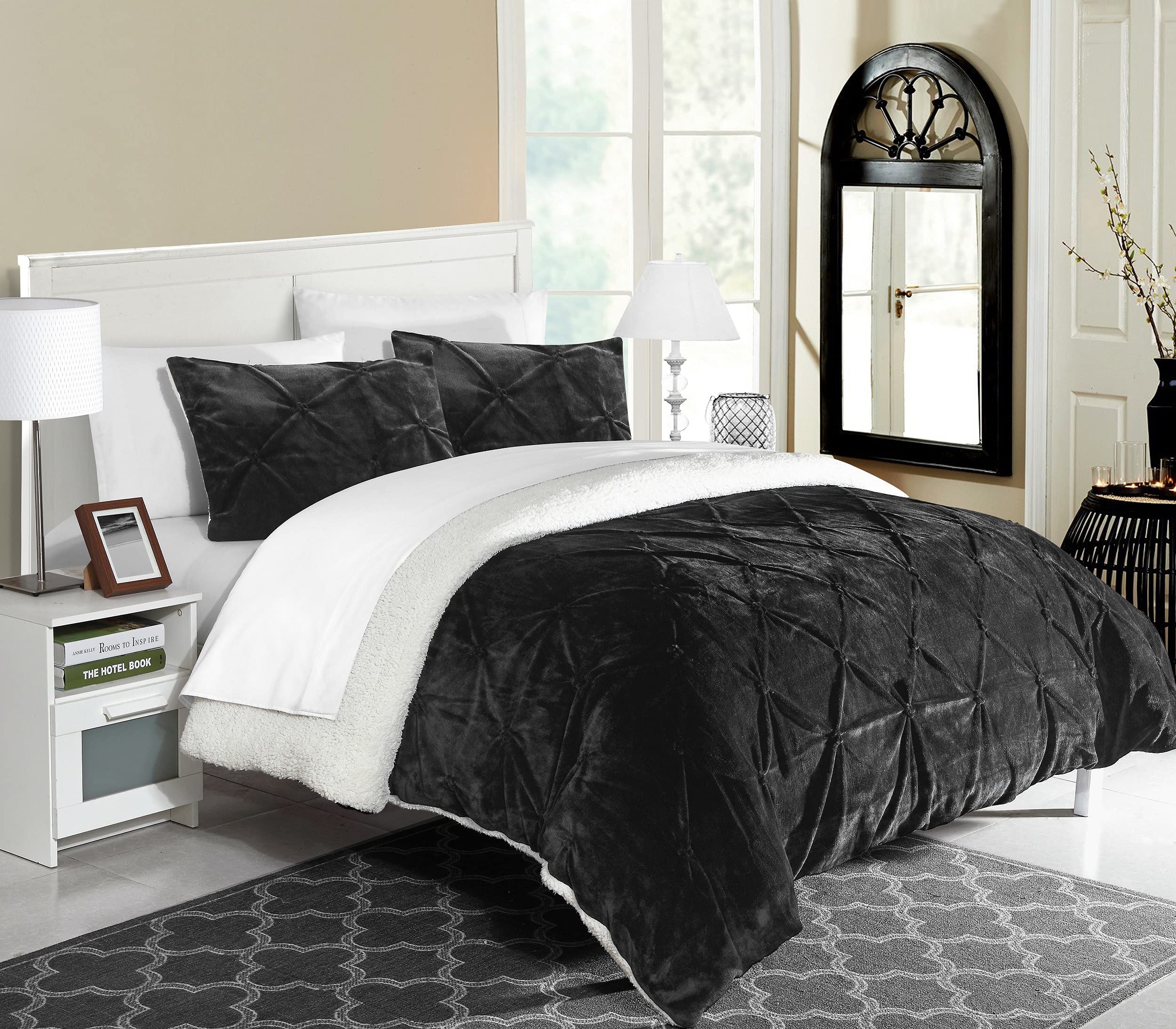 Chic Home 3 Piece Josepha Pinch Pleated Ruffled & Pintuck Sherpa Lined Comforter Set, King, Black