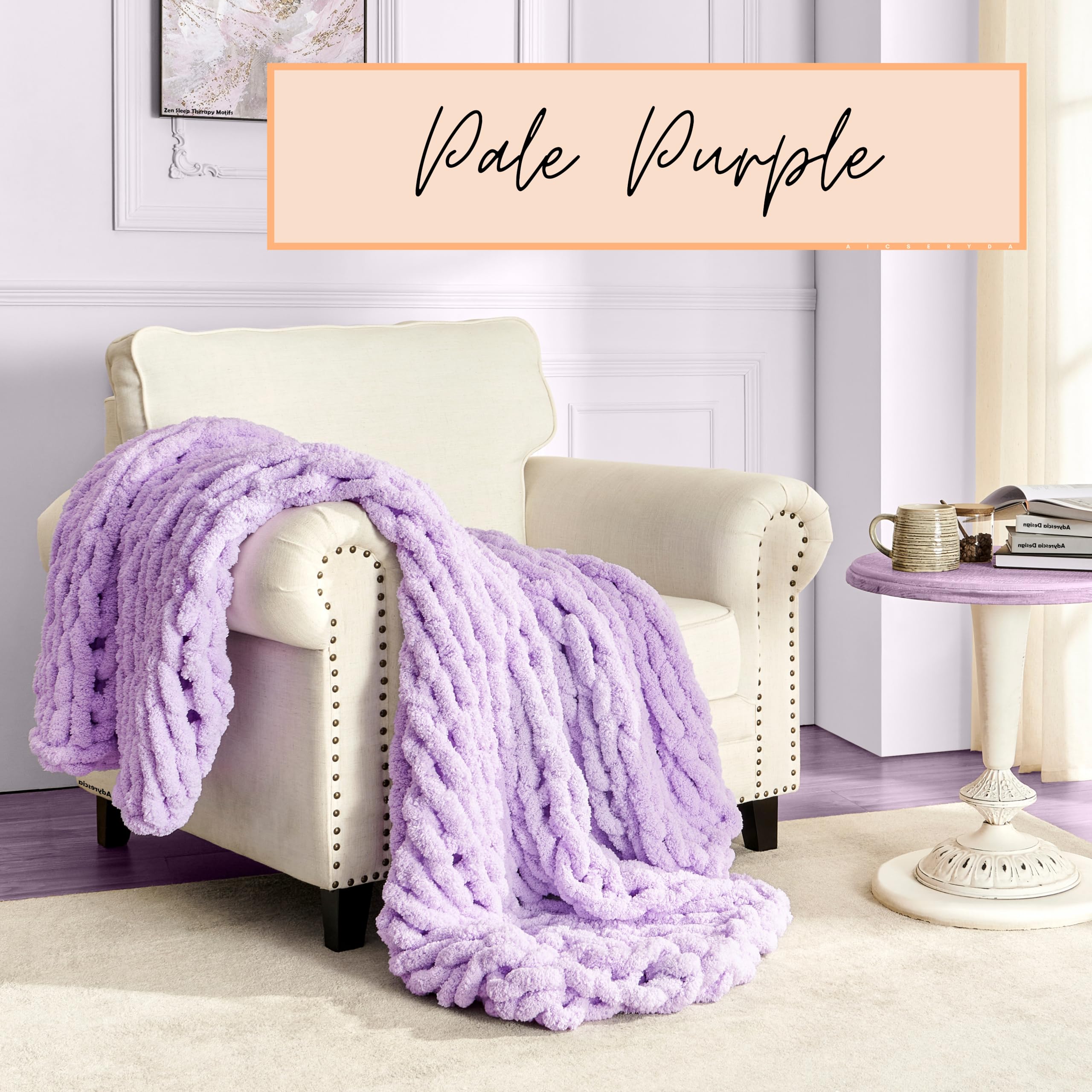 Adyrescia Chunky Knit Blanket Throw | 100% Hand Knit With Jumbo Chenille Yarn (50''X60'', Pale Purple)
