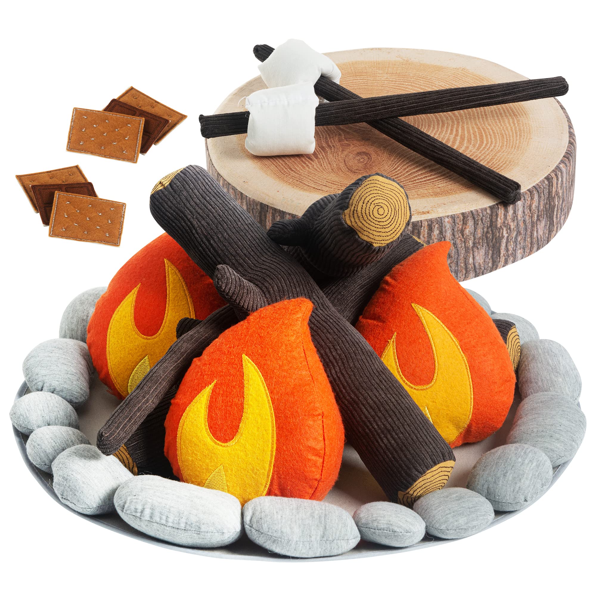 Pretend Campfire Set For Kids With S'Mores Kit & Wood Log Pillow - Soft, Safe & Durable Toy Campfire For Pretend Play & Sensory