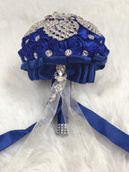 Abbie Home Sparkle Rhinestone Jewelry Bouquet - Satin Rose With Peacock Butterfly Brooches Bride Bridesmaids Wedding Flower (Roy
