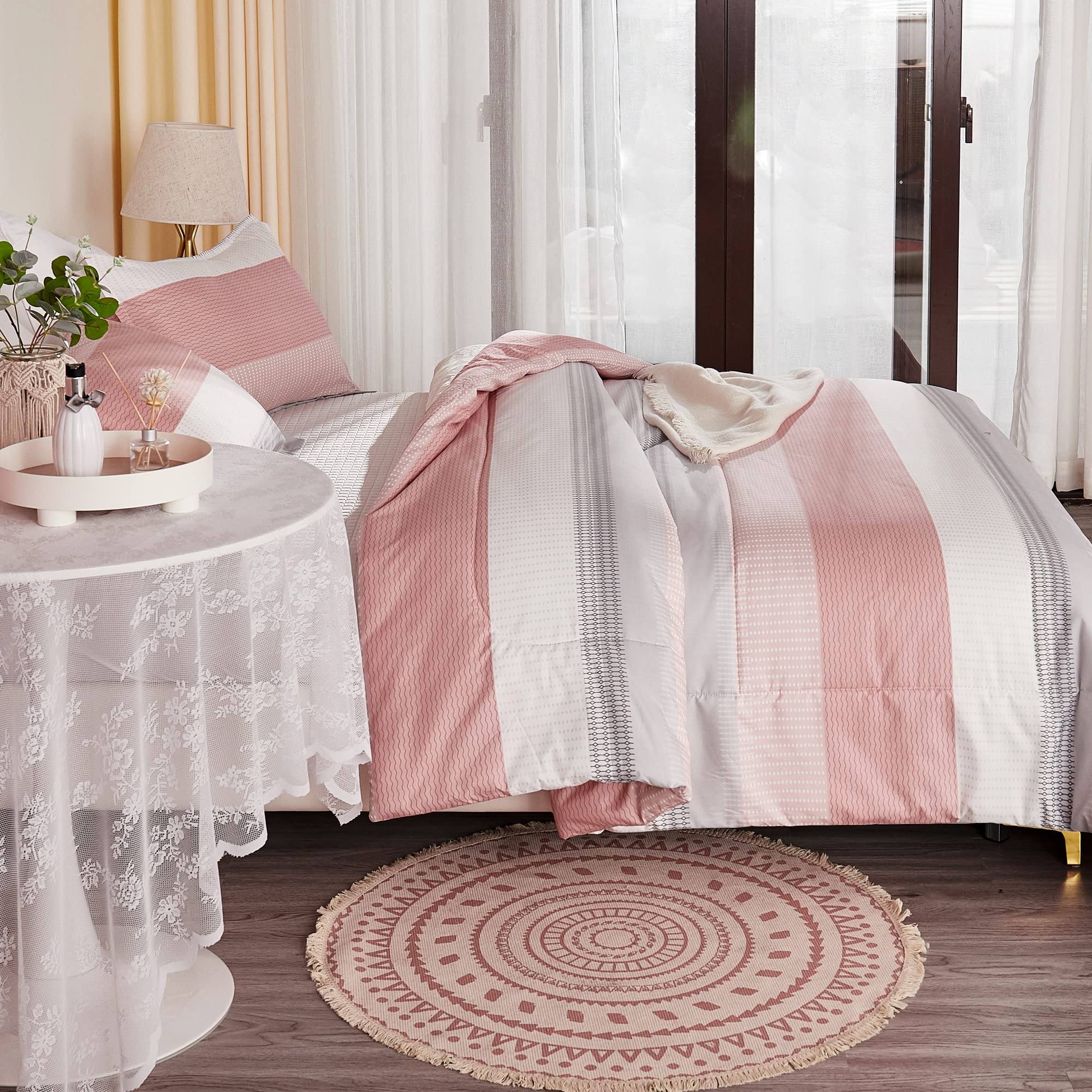 Litanika Pink California King Comforter Set - 3 Pieces Blush Cal King Oversized Lightweight Summer Colorblock Stripe Bedding Set