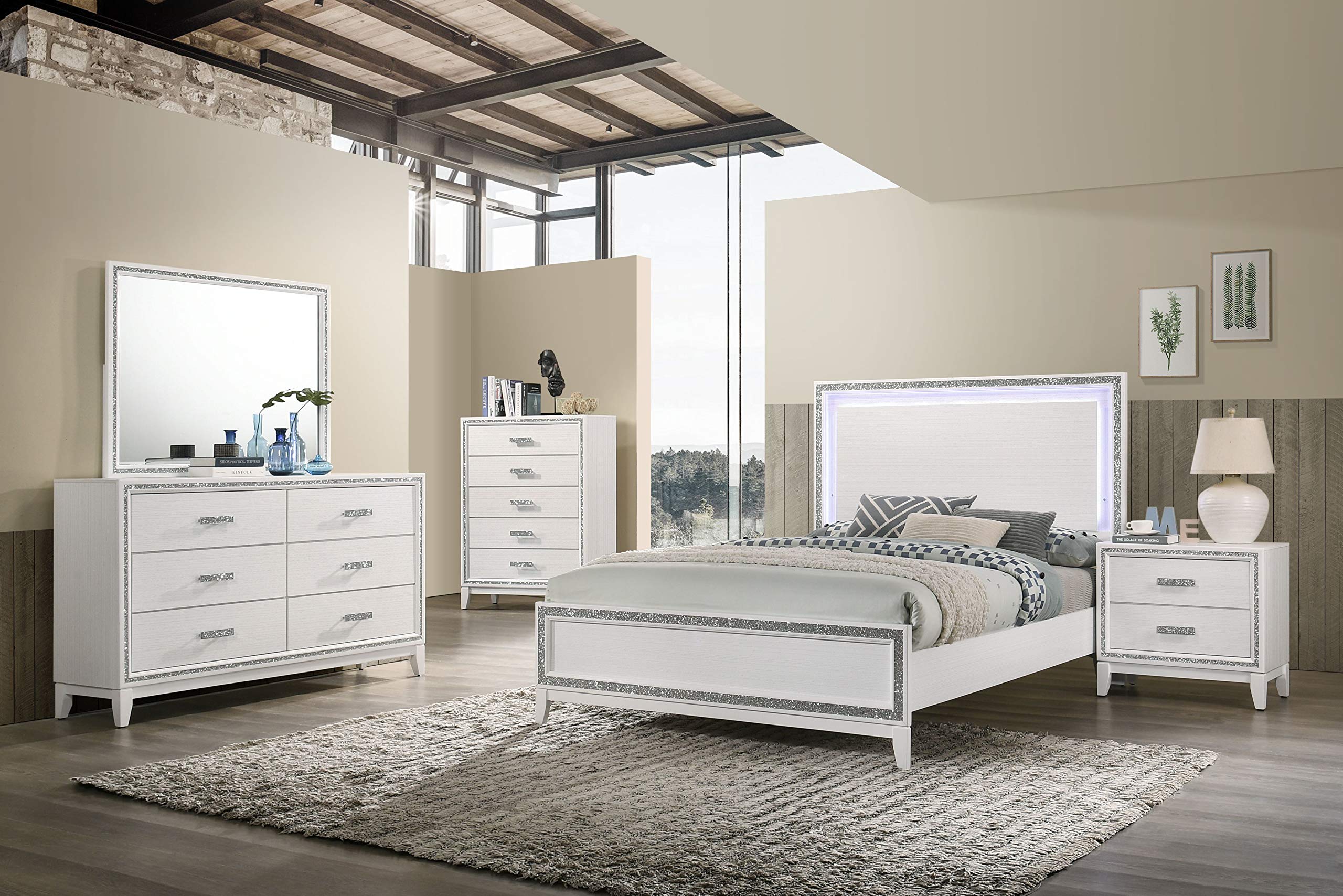 Acme Haiden Wooden Queen Panel Bed with LED in White Finish
